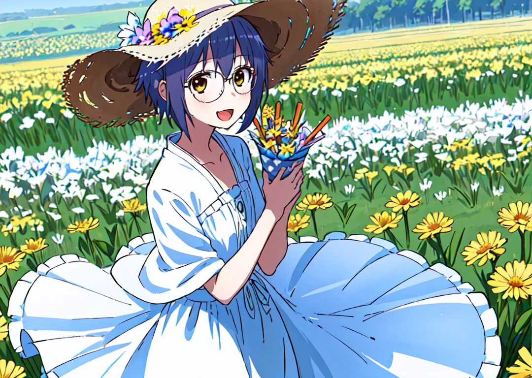 <lora:nagato:0.8>,nagato,1girl,super fine illustration,masterpiece,best quality,cowboy_shot,;d,in summer,flower field,a white dress,a straw hat,