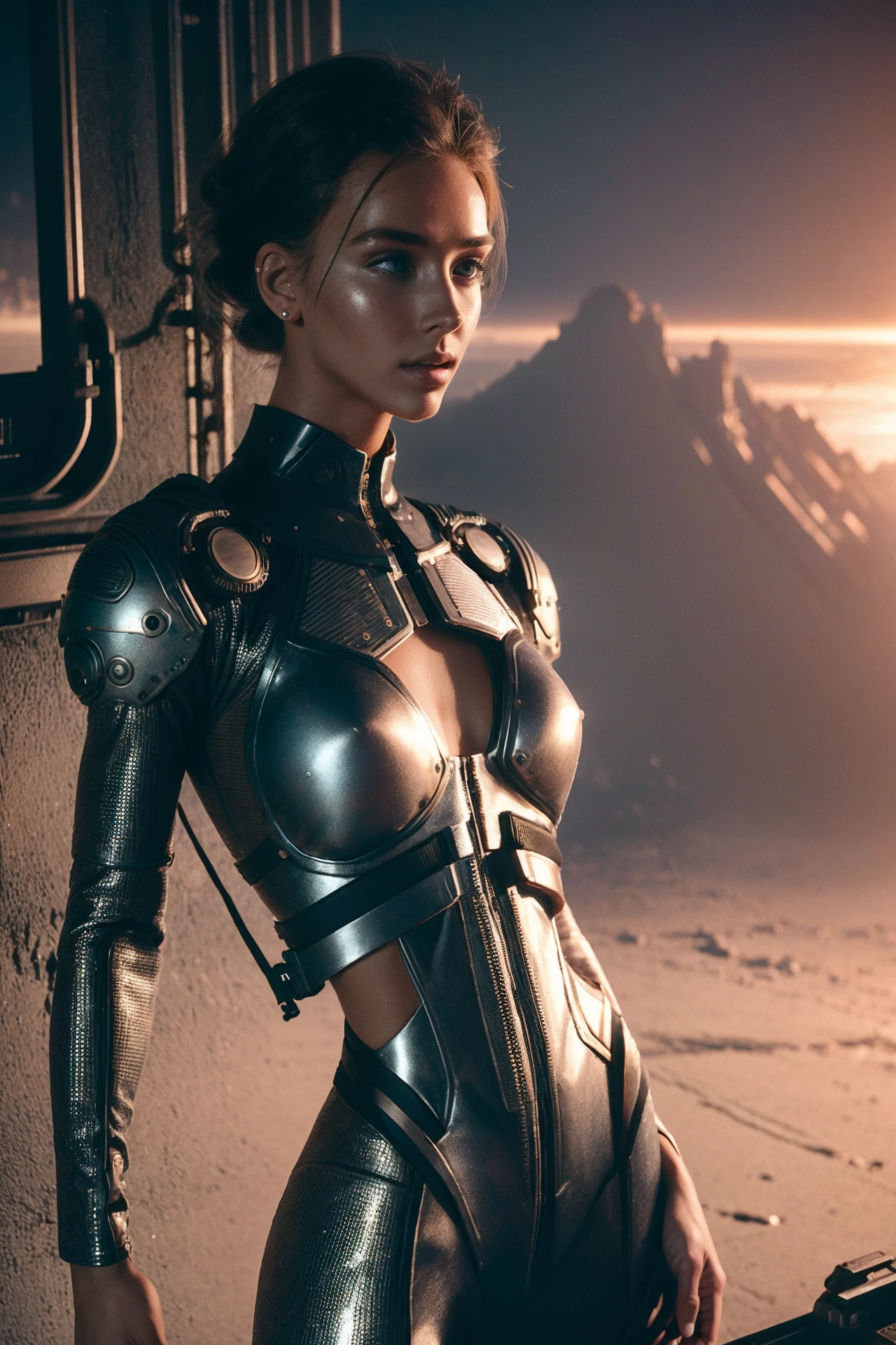 a young woman, postapocalypse, cyborgdiffusion, (retrofuturism), steampunk, silky skin, ((full body height)), (skin texture:1.2), (high detailed skin:1.3), ambient smoke, haze, (photorealism), (hyperrealism), cinematic, grain of old film, 8k uhd, dslr, hdr, retro color  <lora:Rachel_Cook_640x960:0.75>