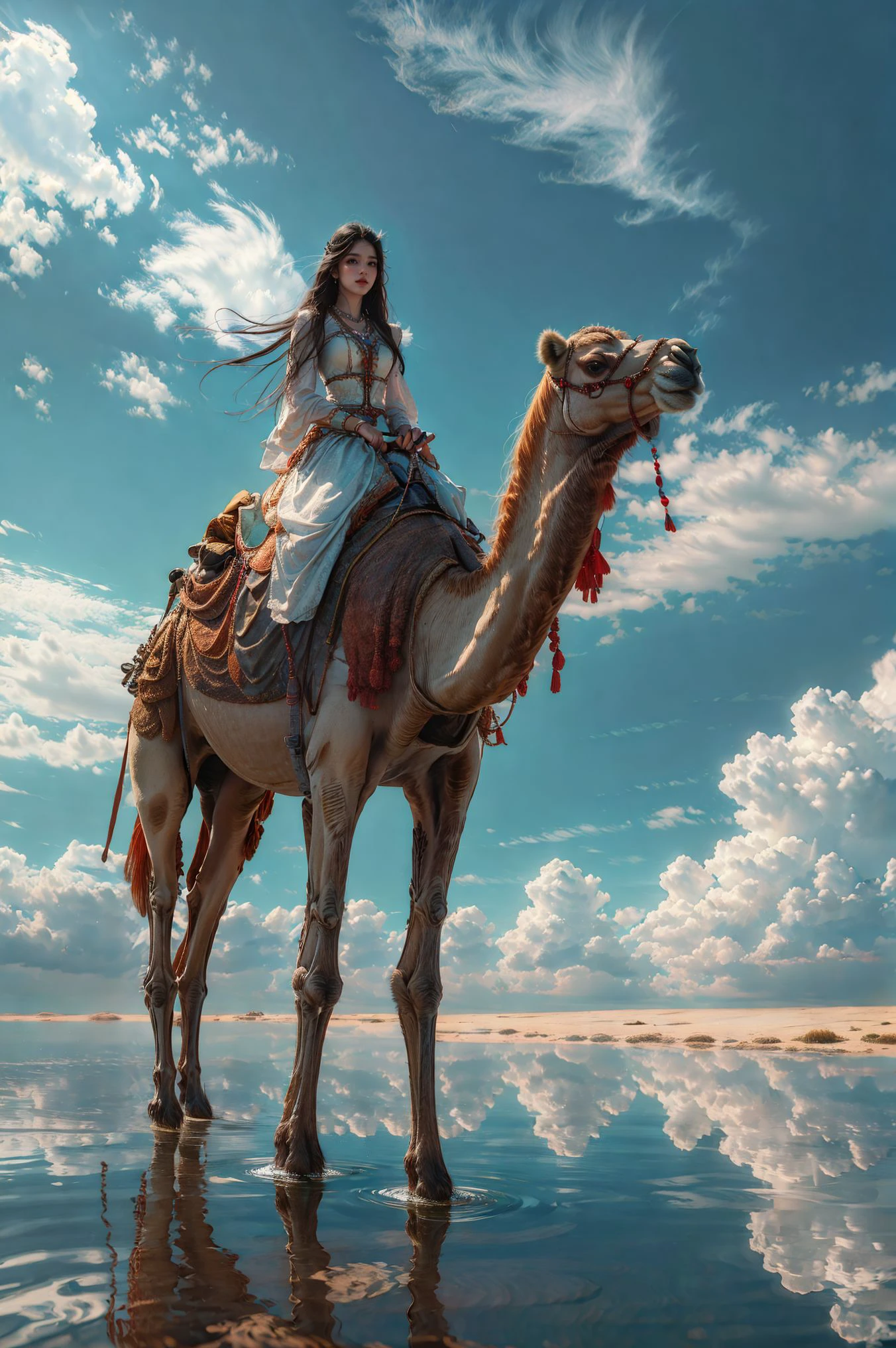 fantasy, beautiful girl, long wavy black hair, dressed in a short white tunic, naked, riding a camel, alone against the background of the desert