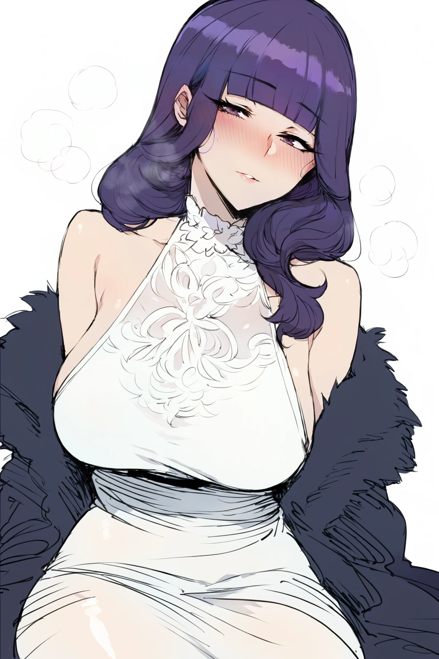 score_9, score_8_up, score_7_up, score_6_up, score_5_up, score_4_up, source_anime, ratatatat74, sketch, (mature female:1.2), 1girl, breasts, purple hair, purple eyes, solo, dress, long hair, white dress, bangs, large breasts, blush, white background, bare shoulders, sleeveless, simple background, sidelocks, blunt bangs, sleeveless dress, parted lips, black coat, coat <lora:Ratpony-000007:1>