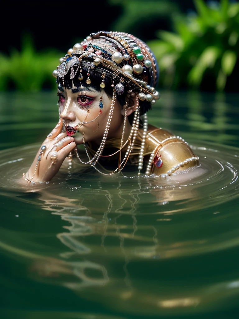 <lora:Jibaro_-_Love_Death__Robots:1> j1b4r0, siren, woman, dripping with jewels, submerged in lake, body reflected in water, luring conquistadors to drown, tassels, chains, pearls, beads, alluring, beguilining, sinuous, glints off water, depth of field, selective focus, f1.2, bokeh