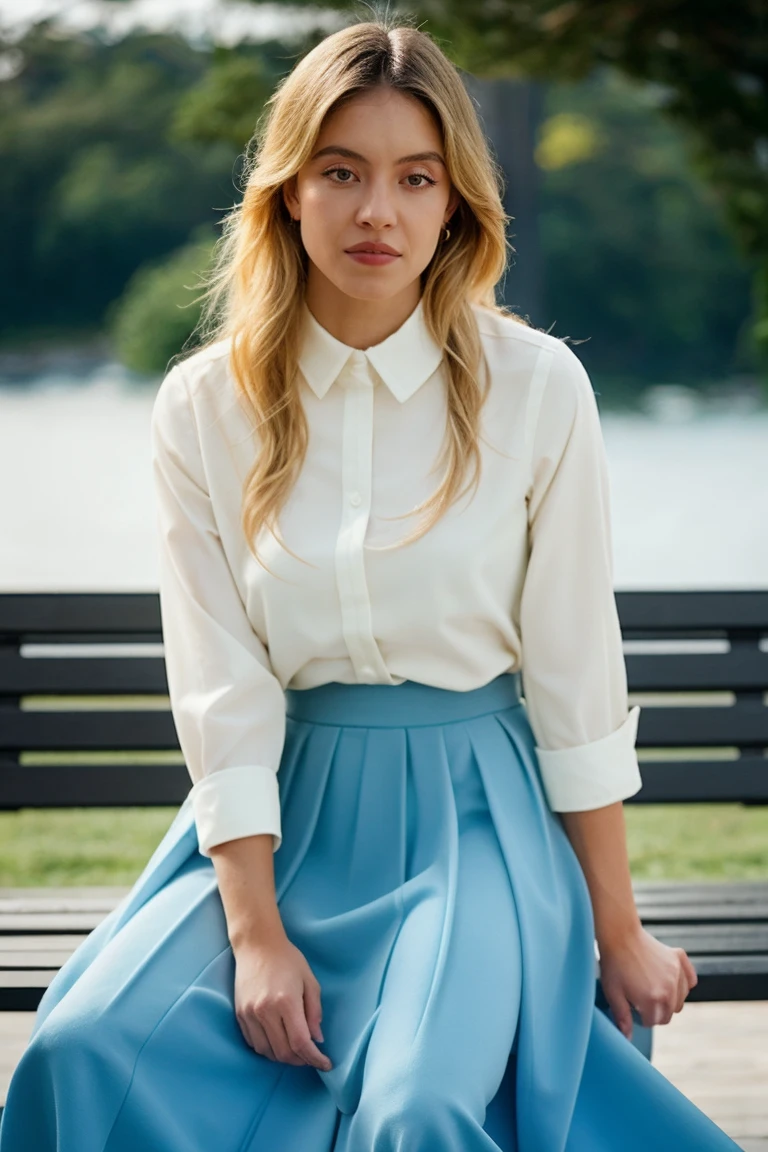 1girl, solo, shirt, long_skirt, sitting_on_bench, crossed_legs, modest, feminine, at_park, blurry_background, bokeh, chromatic_aberration, depth_of_field, female focus, photorealistic, soft colors, masterpiece, high quality, (high detailed skin:1.1)
<lora:sydney_sweeney_lora_v01:1> sweeney97, blonde hair