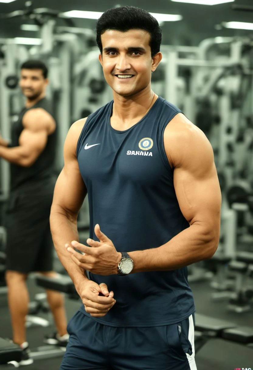 4k, Karan Soni a man <lora:Sourav-Ganguly_Karan-Soni:0.8>, in the gym, sweaty, muscular, abs, pecs, slight smile, back to camera, flexing, guys in the background admiring him.