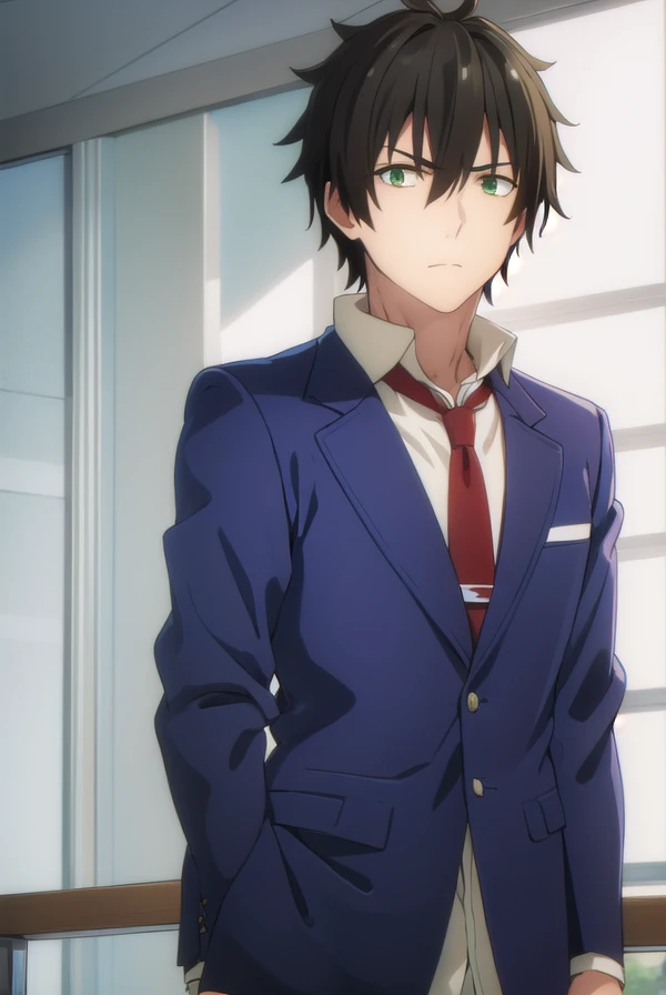 fudounomura, <lora:fudou nomura s1-lora-nochekaiser:1>,
fudou nomura, black hair, male focus, (green eyes:1.3), 
BREAK school uniform, jacket, necktie, pants, blazer, red necktie, shirt, white shirt, collared shirt,
BREAK indoors, classroom,
BREAK looking at viewer, (cowboy shot:1.5),
BREAK <lyco:GoodHands-beta2:1>, (masterpiece:1.2), best quality, high resolution, unity 8k wallpaper, (illustration:0.8), (beautiful detailed eyes:1.6), extremely detailed face, perfect lighting, extremely detailed CG, (perfect hands, perfect anatomy),