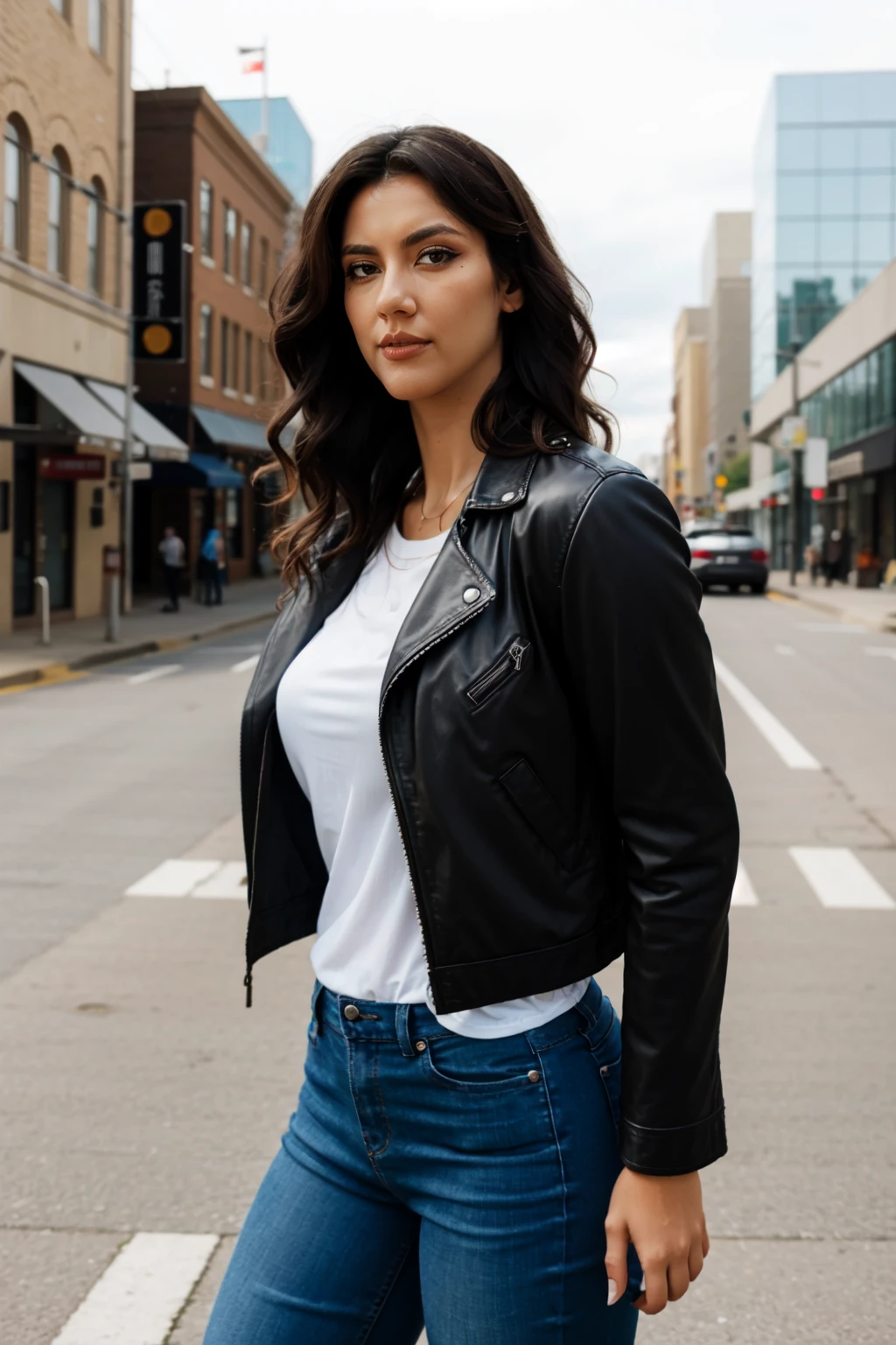 <lora:mondongo_LoRA_StephanieBeatriz:1> mndngwmn, wearing a leather jacket, jeans, on a city downtown, (ultra realistic, 8k,high quality)