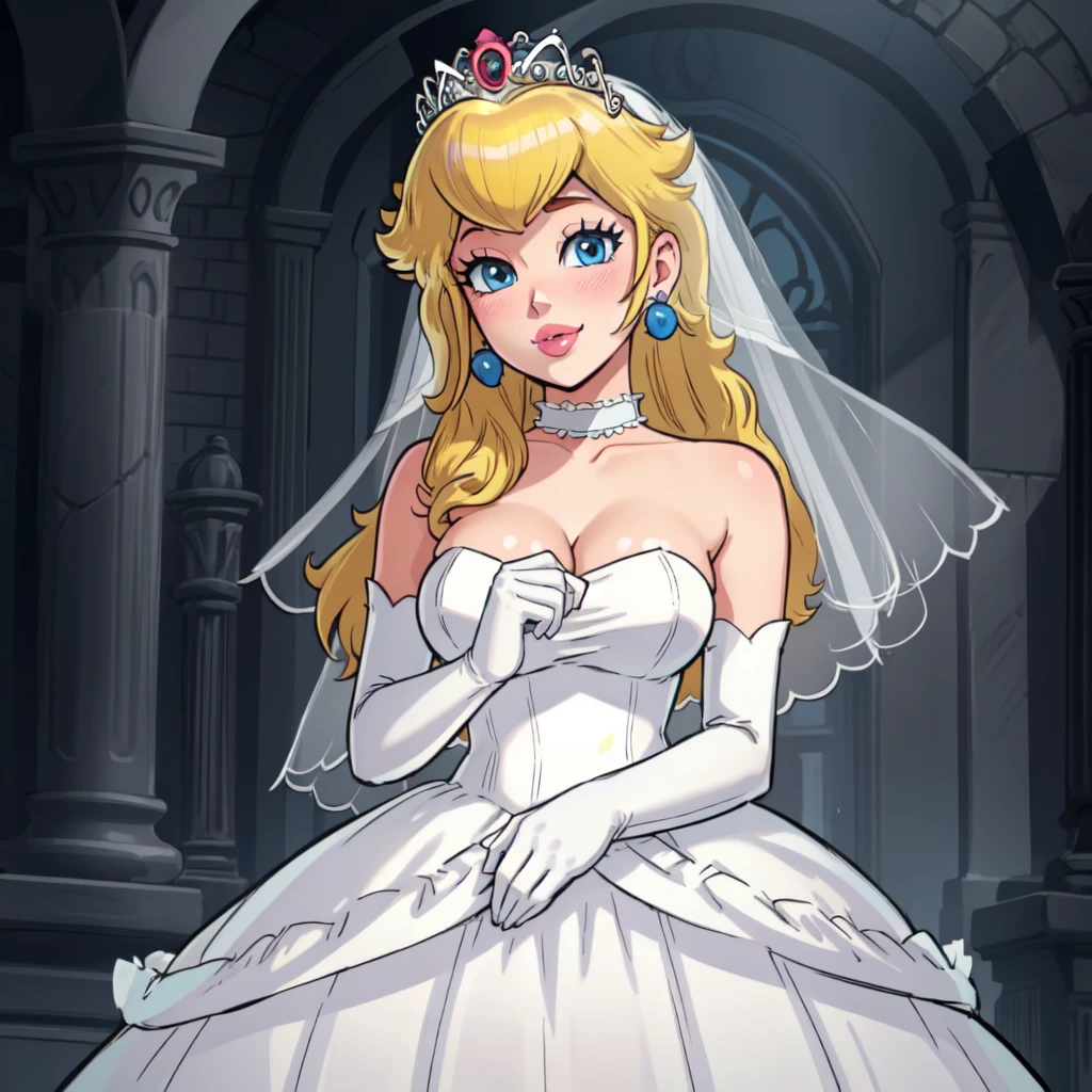 masterpiece, best quality, 4k, high res, detailed, <lora:PrincessPeach2B:0.8>, detailed background, beautiful blue eyes, CARTOON, ANIME, CARTOON ARTSTYLE, detailed face, highest quality, 1girl, solo, breasts, blush, smile, blonde hair, large breasts, gloves, dress, cleavage, bare shoulders, jewelry, collarbone, earrings, parted lips, choker, elbow gloves, white gloves, white dress, lips, strapless, makeup, own hands together, tiara, crown, lipstick, veil, strapless dress, facing viewer, wedding dress, bridal veil, own hands clasped, white choker, bride, princess peach, looking at viewer, cinematic lighting, full body,