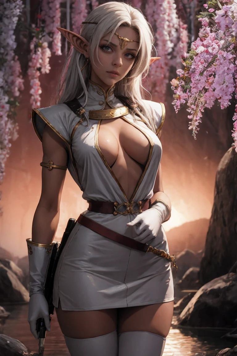 wading,looking at viewer,solo,water, sunset, onsen, wisteria,moody lighting, BREAK,
ANI_CLASSIC_pirotess_ownwaifu, www.ownwaifu.com,
long hair, pointy ears, elf, dark skin, dark-skinned female, dark elf, breasts, white hair, circlet, large breasts, very long hair, yellow eyes, lips, armlet, long pointy ears, lipstick, makeup, bangs, nose, earrings, toned, silver hair, hair over one eye, forehead jewel, necklace,
cleavage, white gloves, thighhighs, white legwear, armor, elbow gloves, no bra, breasts apart, belt, center opening, open clothes, short dress, white thighhighs, white dress, thighs, gold trim, gold,
<lora:ANI_CLASSIC_pirotess_ownwaifu-15:0.9> , realistic, ultra specular detailed, amazing artwork,HDR, 8k uhd, dslr, soft lighting, high quality, award winning best photography, intricate,detailed background,(well defined perfect hands, high detailed skin,detailed face:0.3), (absurdres,golden_ratio,highres, incredibly_absurdres:0.2),(scenery,sidelighting,masterpiece:0.5),