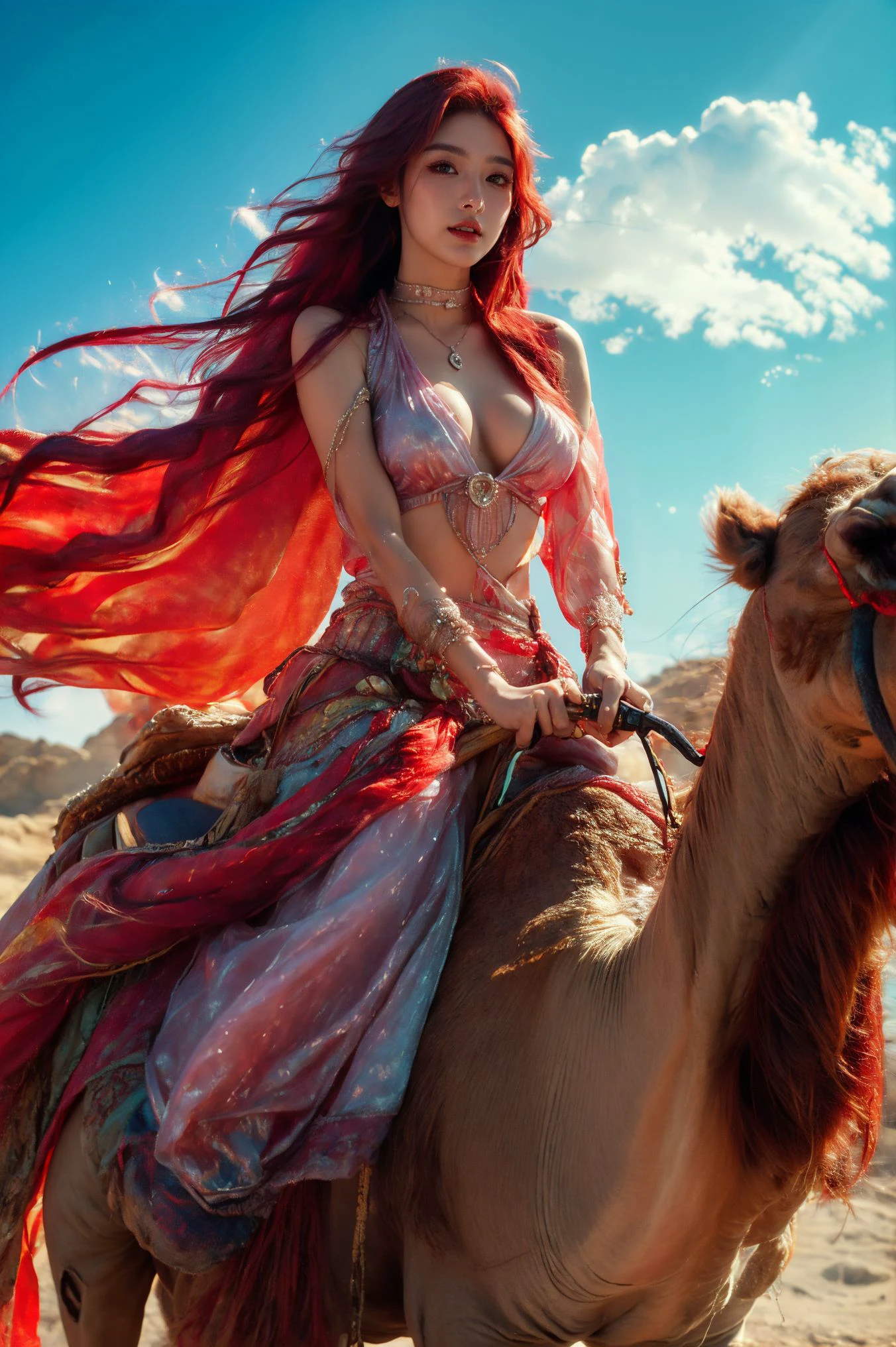 (xuer riding camel:0.9),1girl,cloud,sky,water,outdoors,holding,solo,reflection,day,cloudy sky,necklace,realistic,jewelry,
medium_breasts,shiny skin,crescent choker,sunburst,(veil:1.1),desert,arabian clothes,cinematic lighting,(Transparent clothes:1.4),
<lora:~Q?-N xuer riding camel:0.8>,(red hair:1.4),