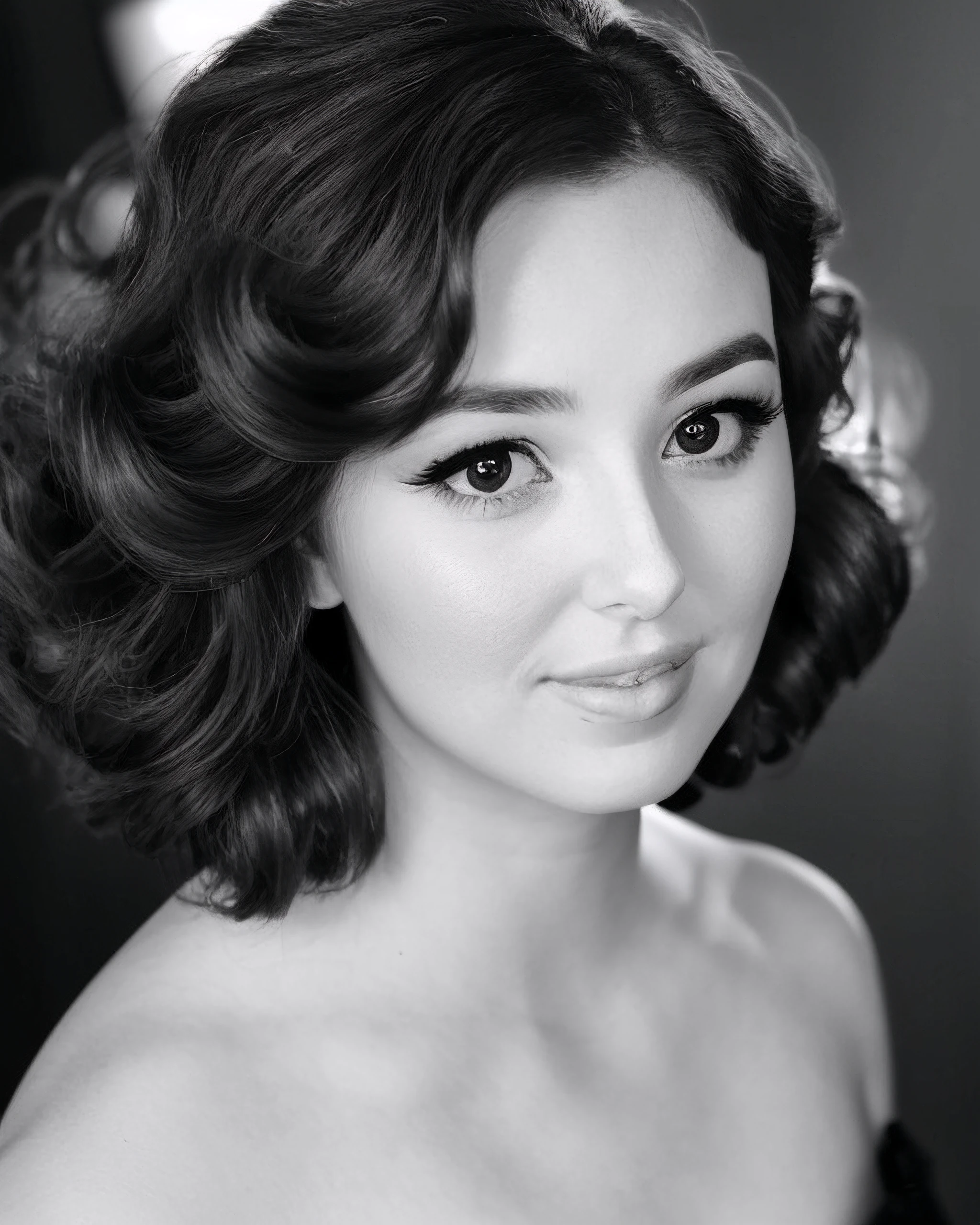 llov, monochrome, 1940s, portrait, 1940s hairdo, dutch angle, formal hairstyle, glamour, headshot, black and white, (looking at viewer), parted lips, <likenesshelpbyshurik3>:0.7