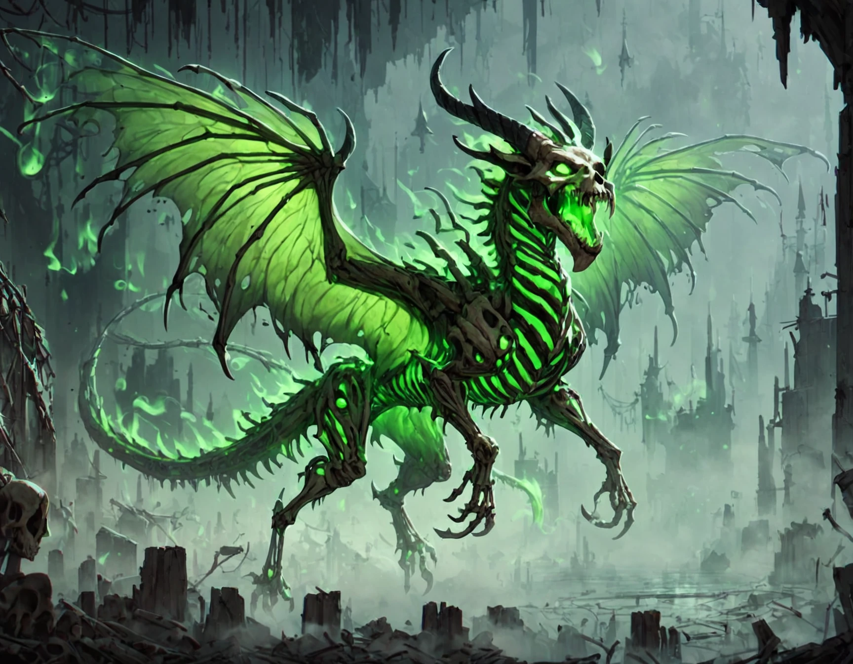 DREAD, <lora:WorldofSigmarnighthaunts:1>, tattered rags, green glowing aura, Medium Ethereal Fluidic Sublime Appendage-rich, Flippers, Tufted-Tailed, Wooly Fur, Dragon Wings, , horror,