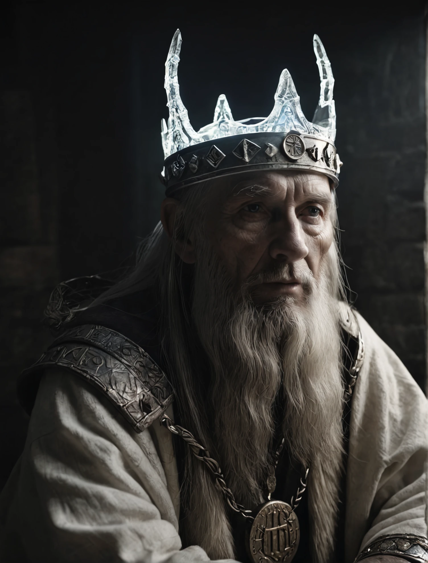 face shot, old king, Photo, masterpiece, absurdres, dark atmosphere, glowing runes