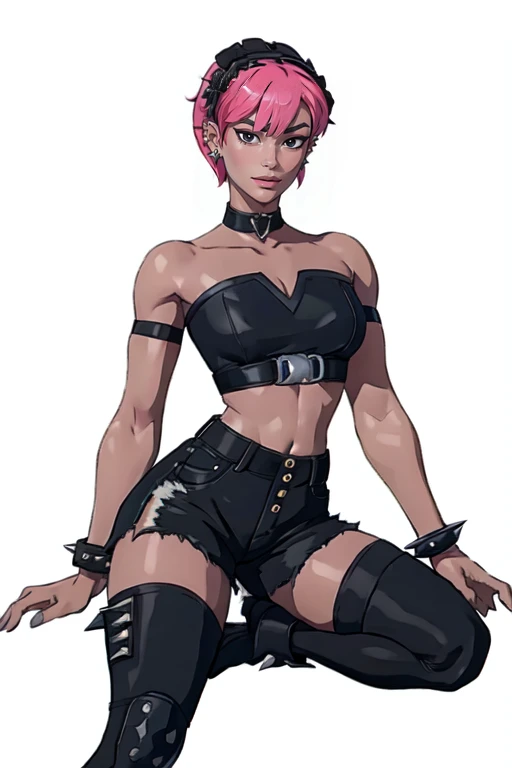 masterpiece,best quality,face detail,extreme detail,8k,white background,<lora:minapark:0.7>,minapark,1girl,solo,looking at viewer,short hair,skirt,thighhighs,dress,jewelry,standing,pink hair,choker,belt,black thighhighs,black eyes,black dress,bracelet,thigh strap,spikes,pouch,spiked bracelet,gothic,wide hips,cowboy_shot,