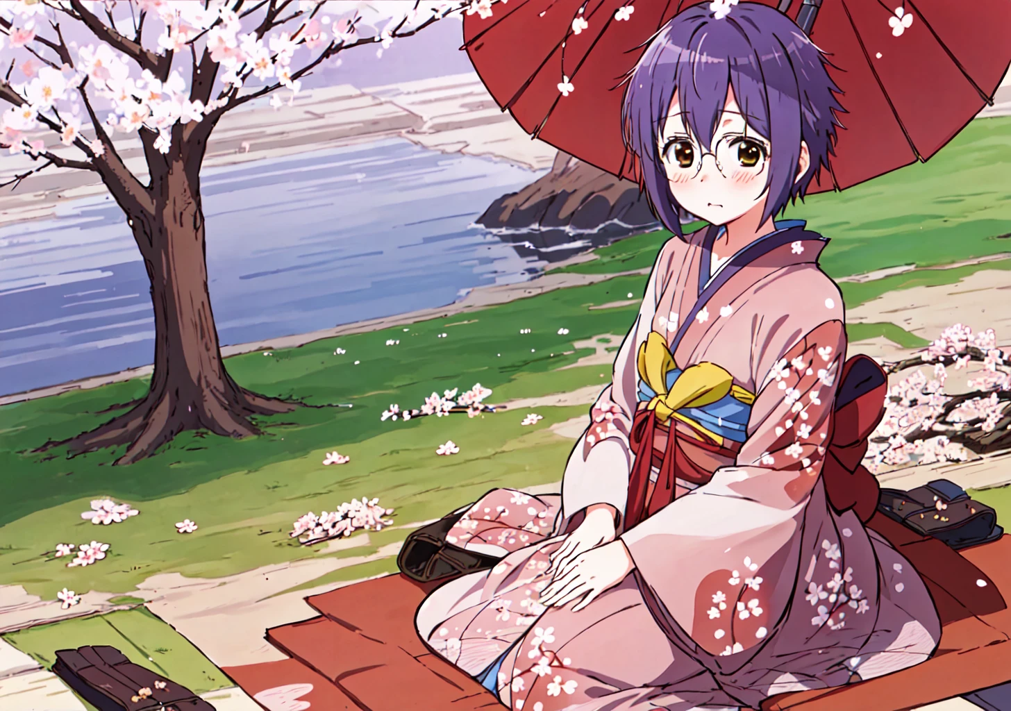 <lora:nagato:0.8>,nagato,1girl,super fine illustration,masterpiece,best quality,shy,light_blush,cowboy_shot,in spring,cherry blossoms,sit on the floor,cherry blossom viewing,having cherry branches,japanese_clothes,