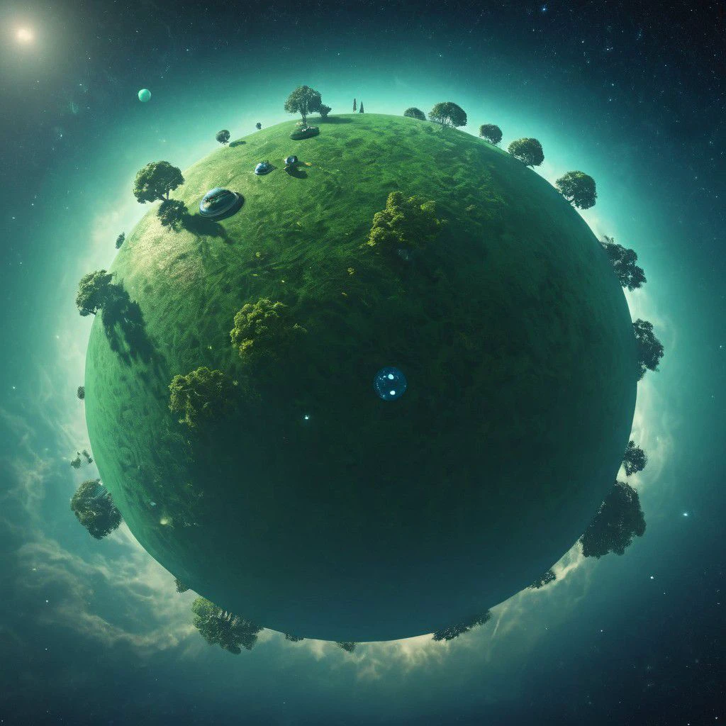 king kais small green in space floating planet with some trees and a street around it, infront of a blue universe,
atmospheric haze, Film grain, cinematic film still, highly detailed,