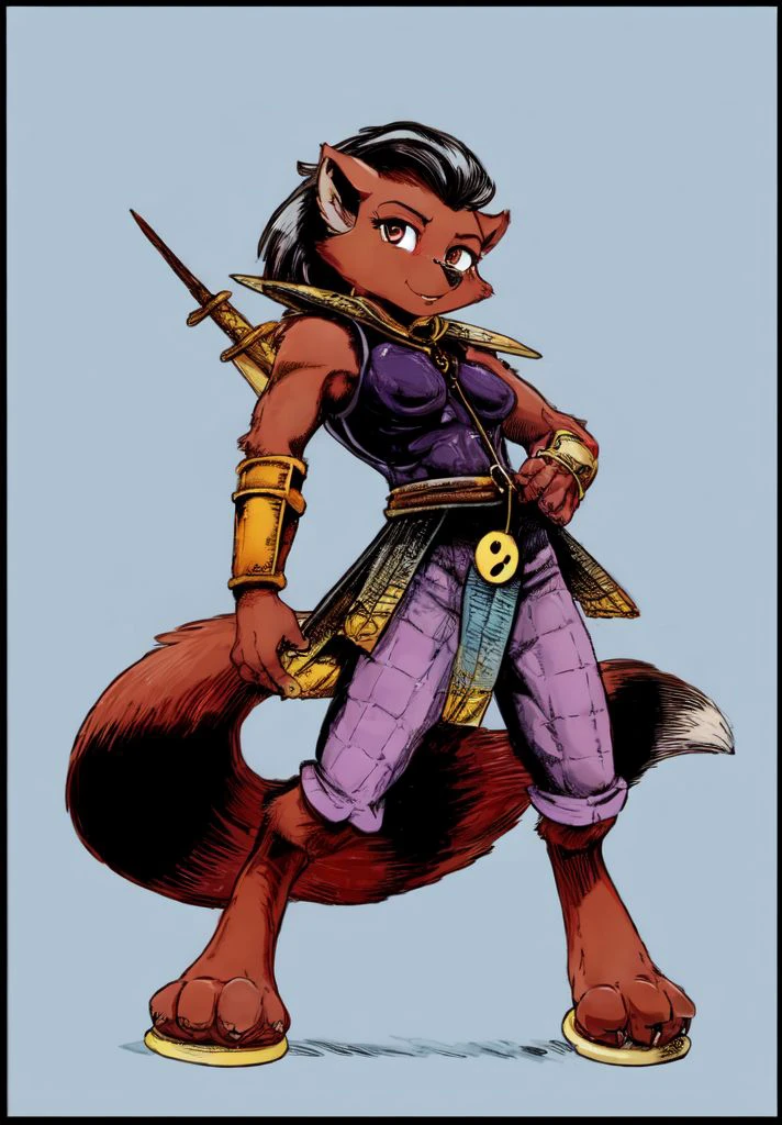 anthro,
female,
solo,
fox,
ninja,
katana,
slim,
colour,
colored,
combat pose,
bracelets,
golden bracelets,
arm bracers,
gold arm bracers,
fox tail,
hair,
black hair,
pony tail,
messy hair,
shoulder pads,
shoulder armor,
flip flops,
tabi,
paws,
purple pants,
pants,
armor,
belt,
yin yang belt,
dark orange fur,
white background,
simple background,
<lora:Ninjara_TMNT:1> ninjara_tmnt, (best quality, good quality:1.4),
(by dagasi, by daigaijin),