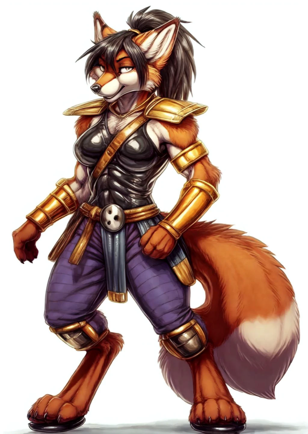 anthro,
female,
solo,
fox,
ninja,
katana,
slim,
colour,
colored,
combat pose,
bracelets,
golden bracelets,
arm bracers,
gold arm bracers,
fox tail,
hair,
black hair,
ponytail HAIR,
messy hair,
shoulder pads,
shoulder armor,
flip flops,
tabi,
paws,
purple pants,
pants,
armor,
belt,
yin yang belt,
dark orange fur,
white background,
simple background,
<lora:Ninjara_TMNT-10:1> ninjara_tmnt, (by enro the mutt, by nezumi, by rajii, by, honovy,:1.1) best quality, good quality,