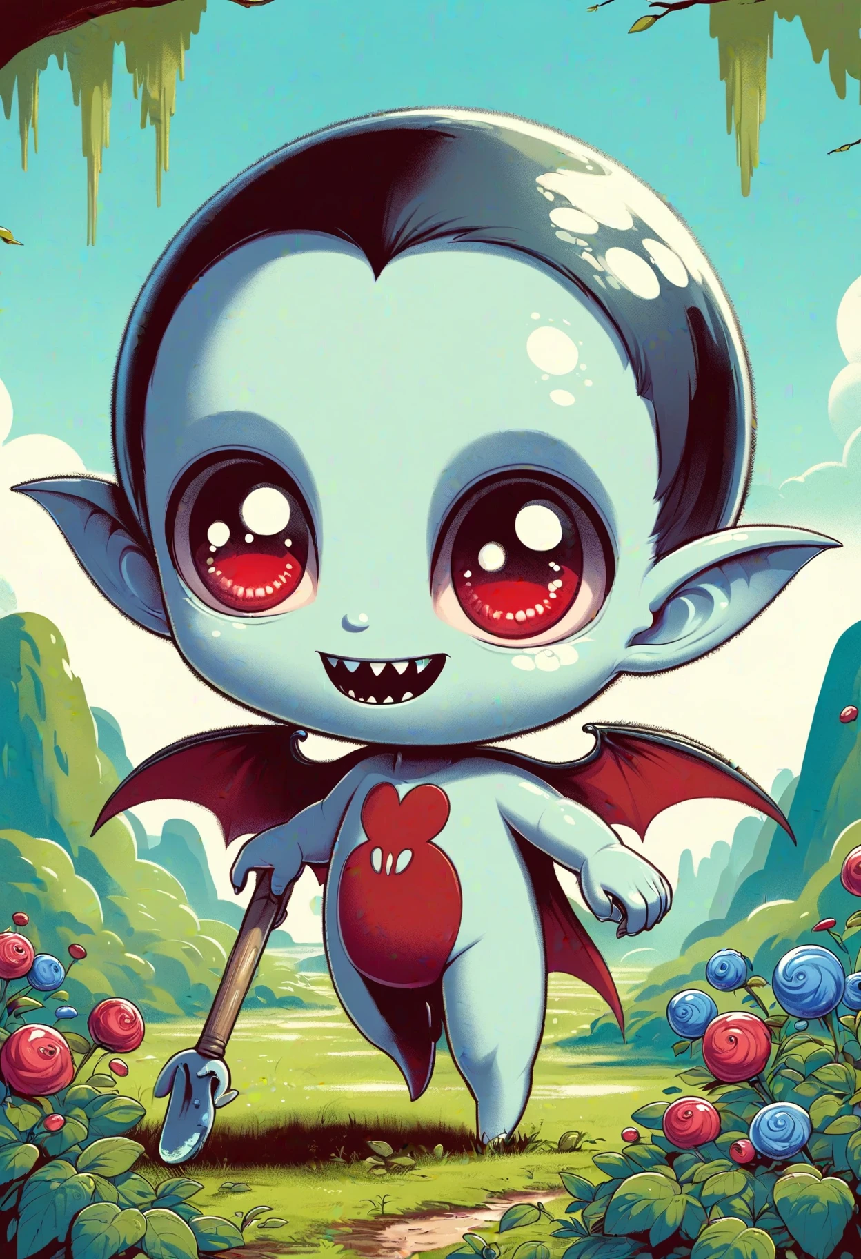 DonMCu73T00nXL anime vampire, 1 feet small, humanoid, earth-dwelling humanoid being, affinity with the earth and nature, gardening and craftsmanship, fantasy <lora:DonMCu73T00nXL:1>