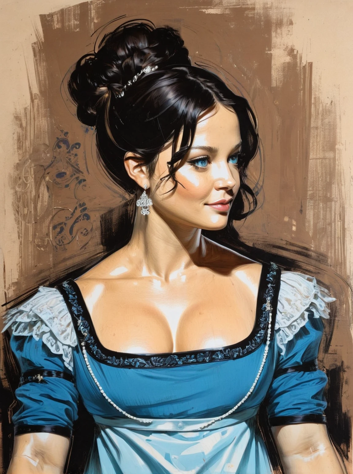 art by ashley wood, art by jim mahfood, art by sparth, art by blek le rat, [melissa benoist|katherine mcphee], striking eyes, flawless skin, Deep Sky Blue scoop neck regency period dress, confident and graceful posture, park   <lora:Regency:1> r3g3ncy