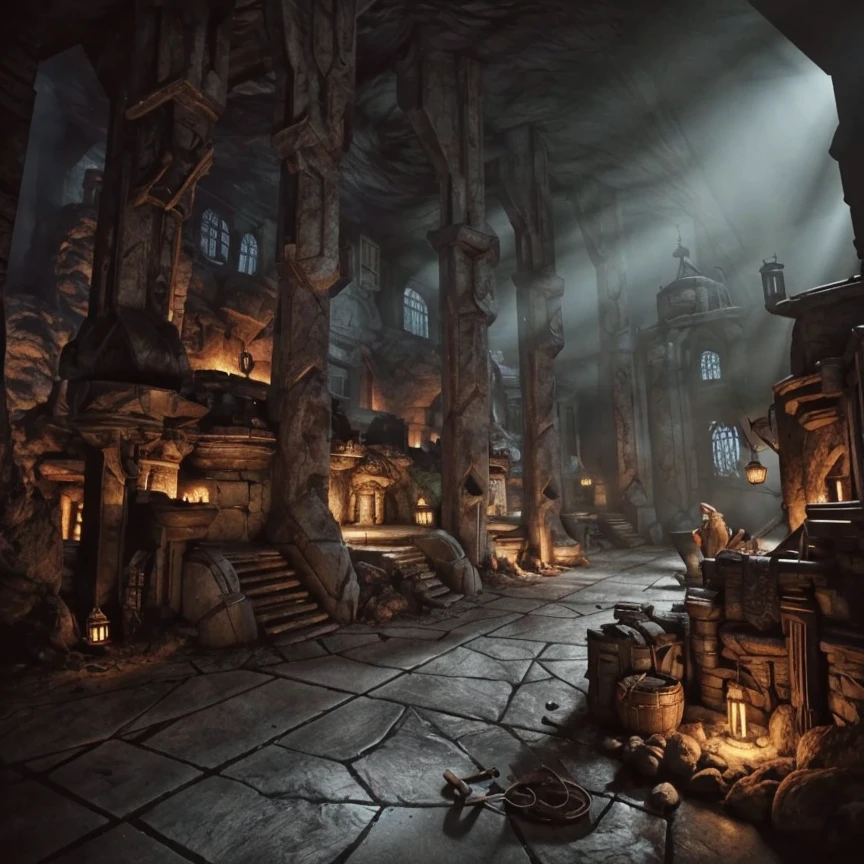 (masterpiece:1.2), (best quality,:1.2), 8k, HDR, ultra detailed, ((photorealistic)), professional light, cinematic lighting, fashion photography, ambient lighting, atmospheric effects, a large fantasy dwarf settlement underground, magical lights, forge and furnace, DwaRe, <lora:DwarvenRealms-10:1>, in the style of Tolkien, Middle Earth, Moria, epiCPhoto
