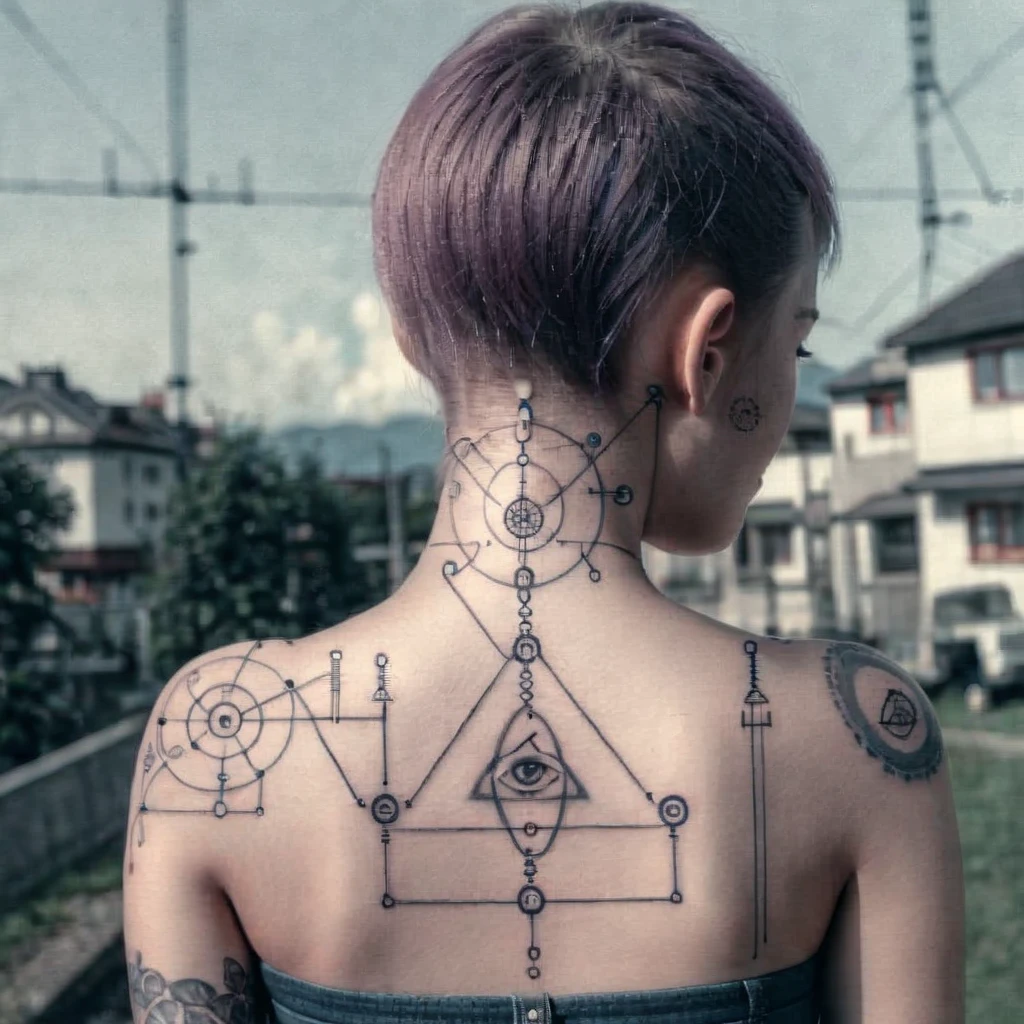 ampereart girl with a tattoo of an electrical diagram <lora:ampereart:1>