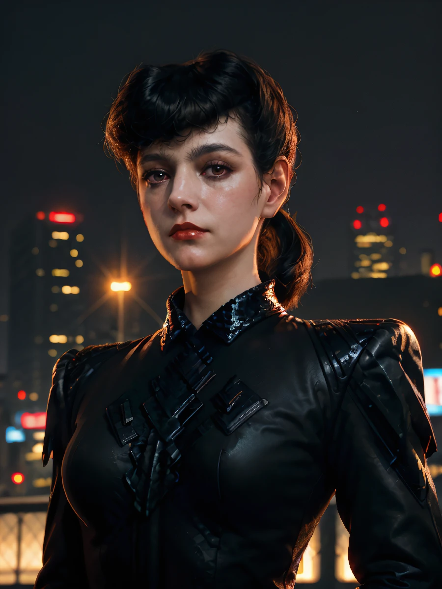 rchbld,rchbld hair, (upper body shot:1.2),(black jacket),long skirt,sunrise,cyberpunk city street,volumetric lighting,masterpiece,extremely detailed skin,pores,cinematic
