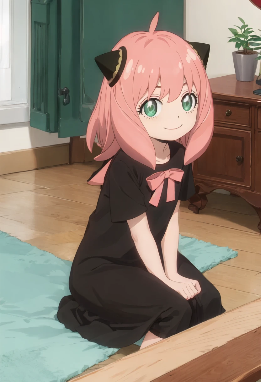 best quality, masterpiece, highres, solo, {anya_forger_spyxfamily:0.90}, 1girl, female_child, black_dress, hairpods, smile, looking_at_viewer, indoors
