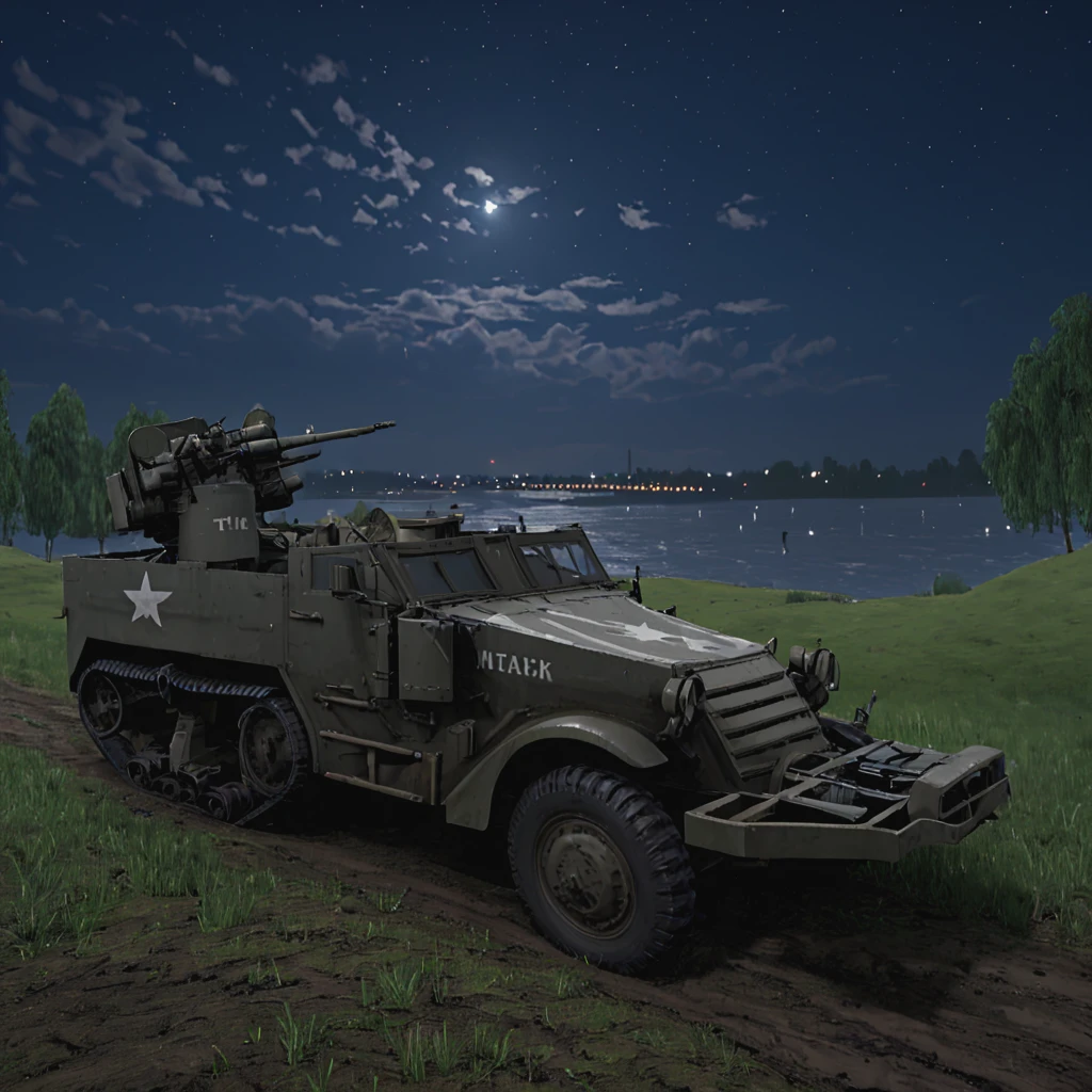 Under the cover of night, an m16mtchppr halftrack patrols the banks of the Rhine River, its crew using starlight to navigate. The quiet of the night is broken only by the rumble of the engine and the occasional distant artillery fire, the m16mtchppr ready to respond to any German aircraft attempting a surprise night raid, apxlz