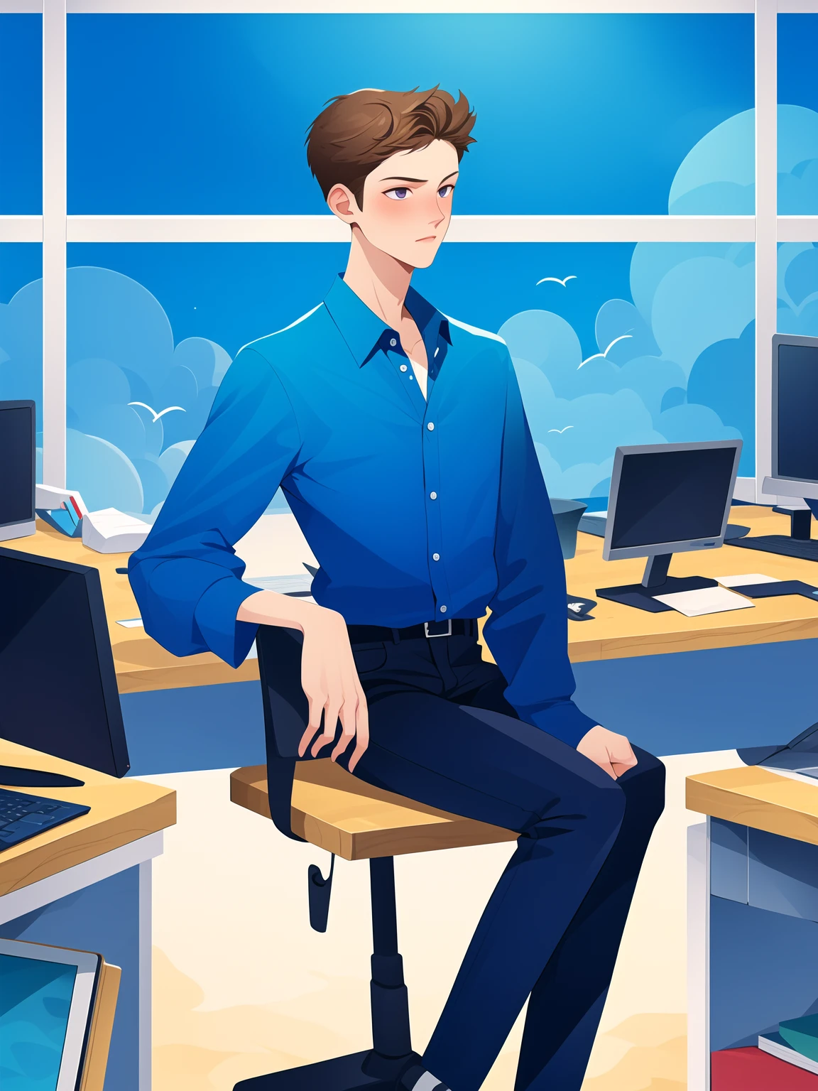 masterpiece, high quality, 1boy,shirt and jeans, computer, J_web_illustration