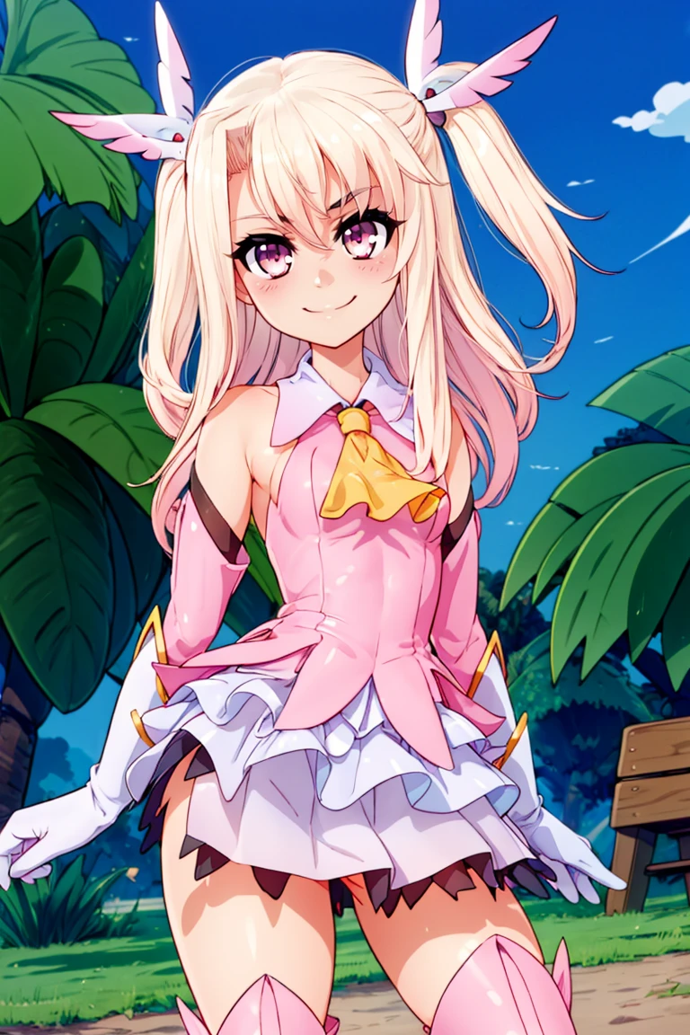 0((masterpiece,best quality)), aaillya, long hair, two side up, hair ornament, small breasts, magical girl, cape, yellow ascot, pink dress, sleeveless, detached sleeves, white gloves, white skirt, pink thighhighs, <lora:illyasviel_von_einzbern_(fate_kaleid_liner)_v1:0.7>, smile, looking at viewer, standing, contrapposto,