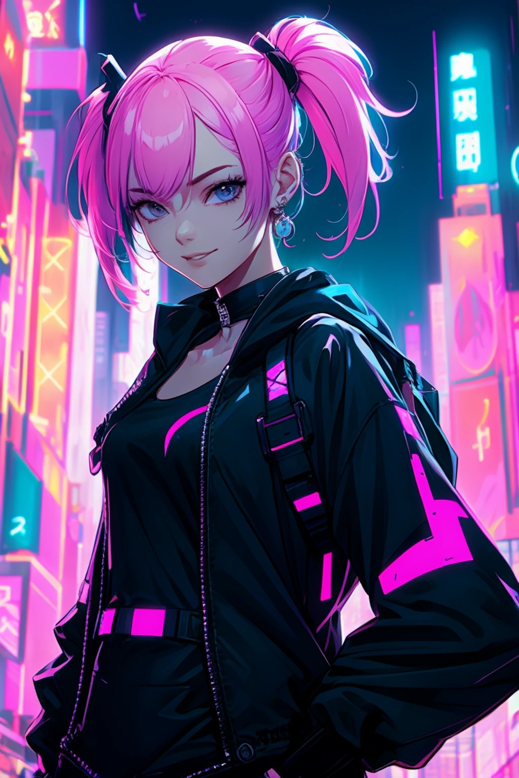 smile, 1guy with pink twintails hair, green eyes, High fashion clothing, In a neon-lit cybernetic metropolis, modelposing
