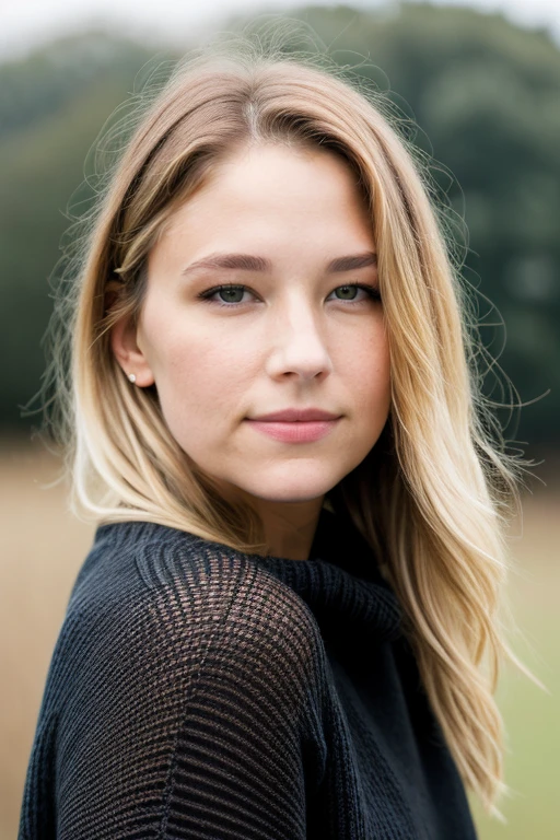 wo_haleyben01, professional photo, closeup portrait photo of a woman, wearing black sweater, slight smile, natural lighting, nature, cloudy weather, bokeh,<lora:woHaleyBen01Merged:0.850000>