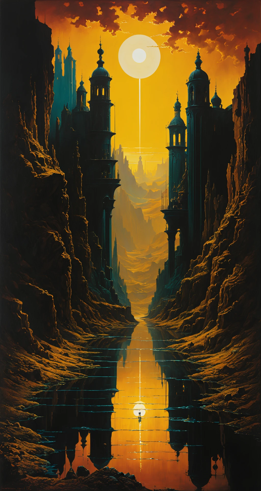 Heavy oil painted scenery  by  Salvador Dali and Dan McPharlin and august sander , bold lines, hyper detailed, dark limited palette, dramatic lighting, [God rays], backlighting,  (intricate details, masterpiece, best quality:1.4), vivid color,