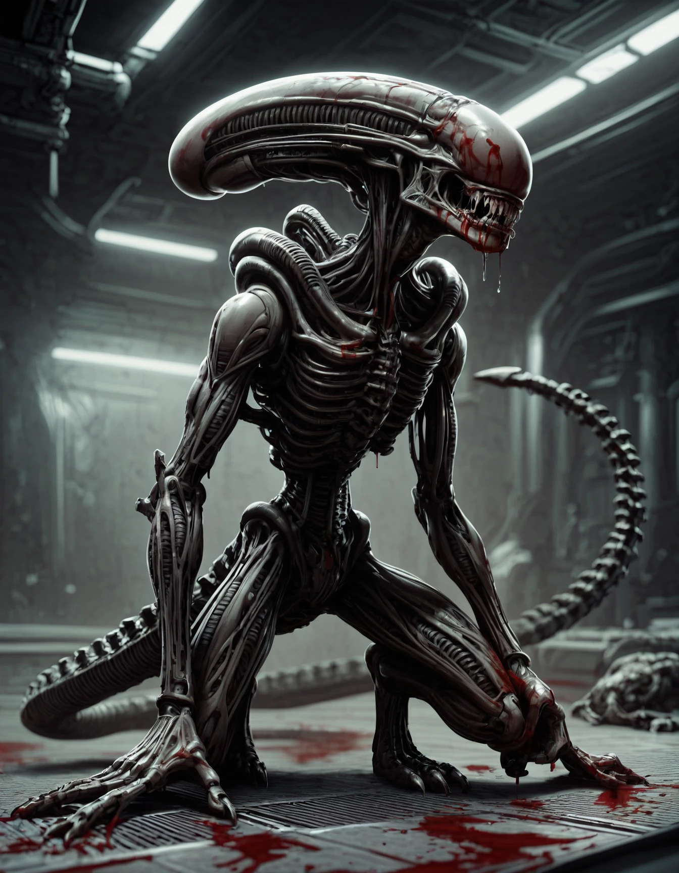 <lora:H.R.GigerWorldPonyXL:1.0> gigerworld, scifi, xenomorph, claws, faceless, elongated head, tail, green inner glow, fangs, eyeless, score_9, score_8_up, score_7_up, score_6_up, score_5_up, score_4_up, robotic parts, mechanization, space station background, biomechanical, full body, gloomy, horror, drooling, blood splatter, blood, gore, dark, dim lighting, dark,, score_9, score_8_up, score_7_up, score_6_up, score_5_up, score_4_up,