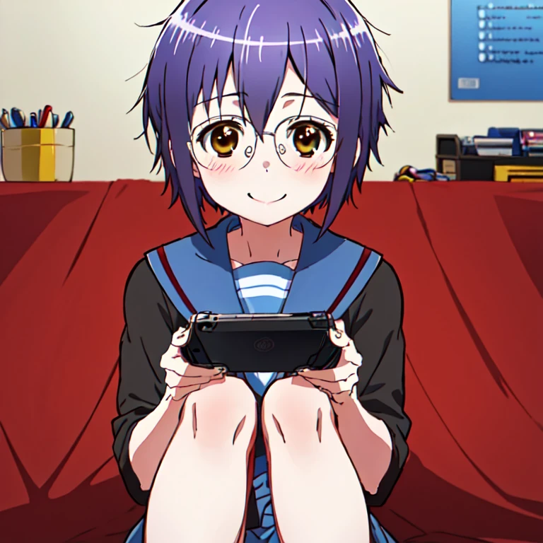 <lora:nagato:0.8>,nagato,1girl,super fine illustration,masterpiece,best quality,kita_high_school_uniform,upper_body,handheld_game_console_,smile,knees_together_feet_apart,wariza,