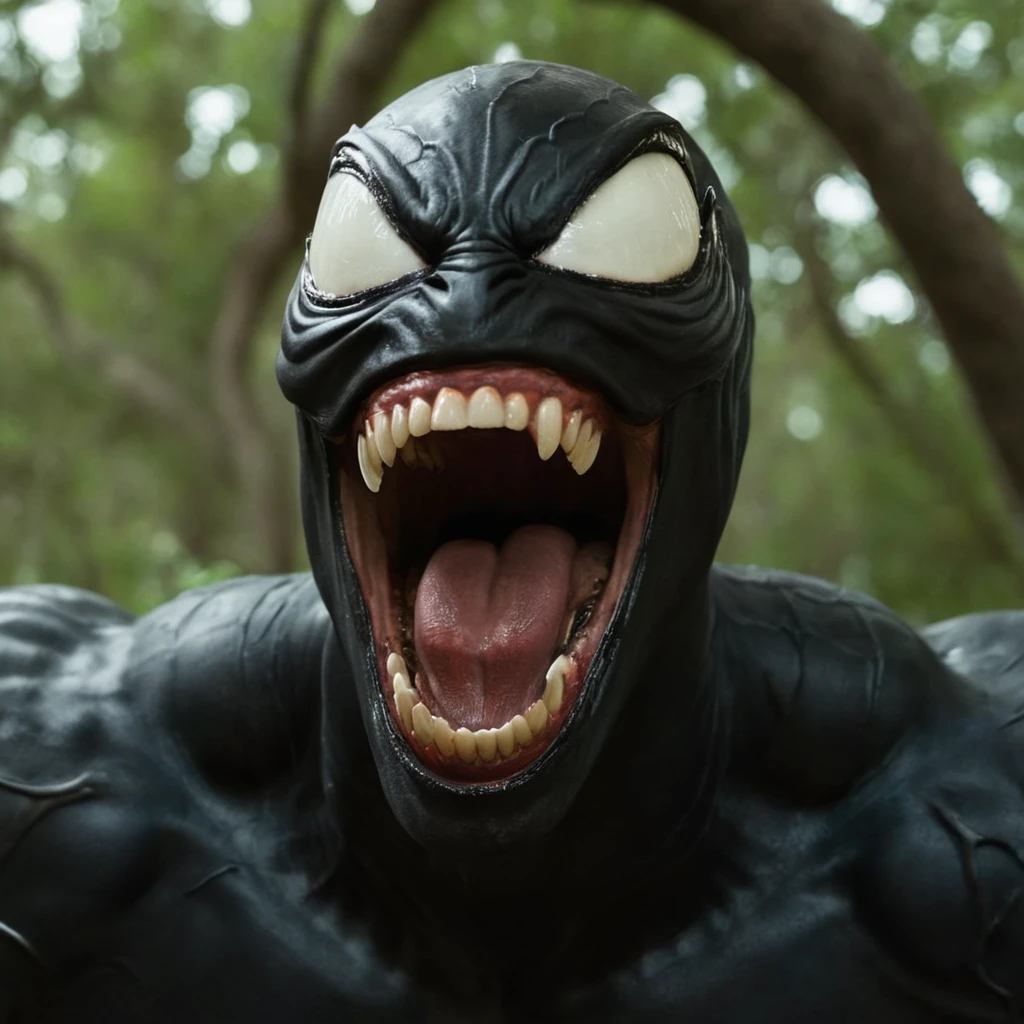 cinematic film still of <lora:white sclera v2:1>
from above, high angle, a close up of a venom with a creepy face,solo,smile,open mouth,1boy,male focus,teeth,tree,muscular,squatting,sharp teeth,muscular male,bara,veins,monster,monster boy white sclera, white eyes, bright eyes, hollow eyes, empty eyes, blind eyes, shallow depth of field, vignette, highly detailed, high budget, bokeh, cinemascope, moody, epic, gorgeous, film grain, grainy