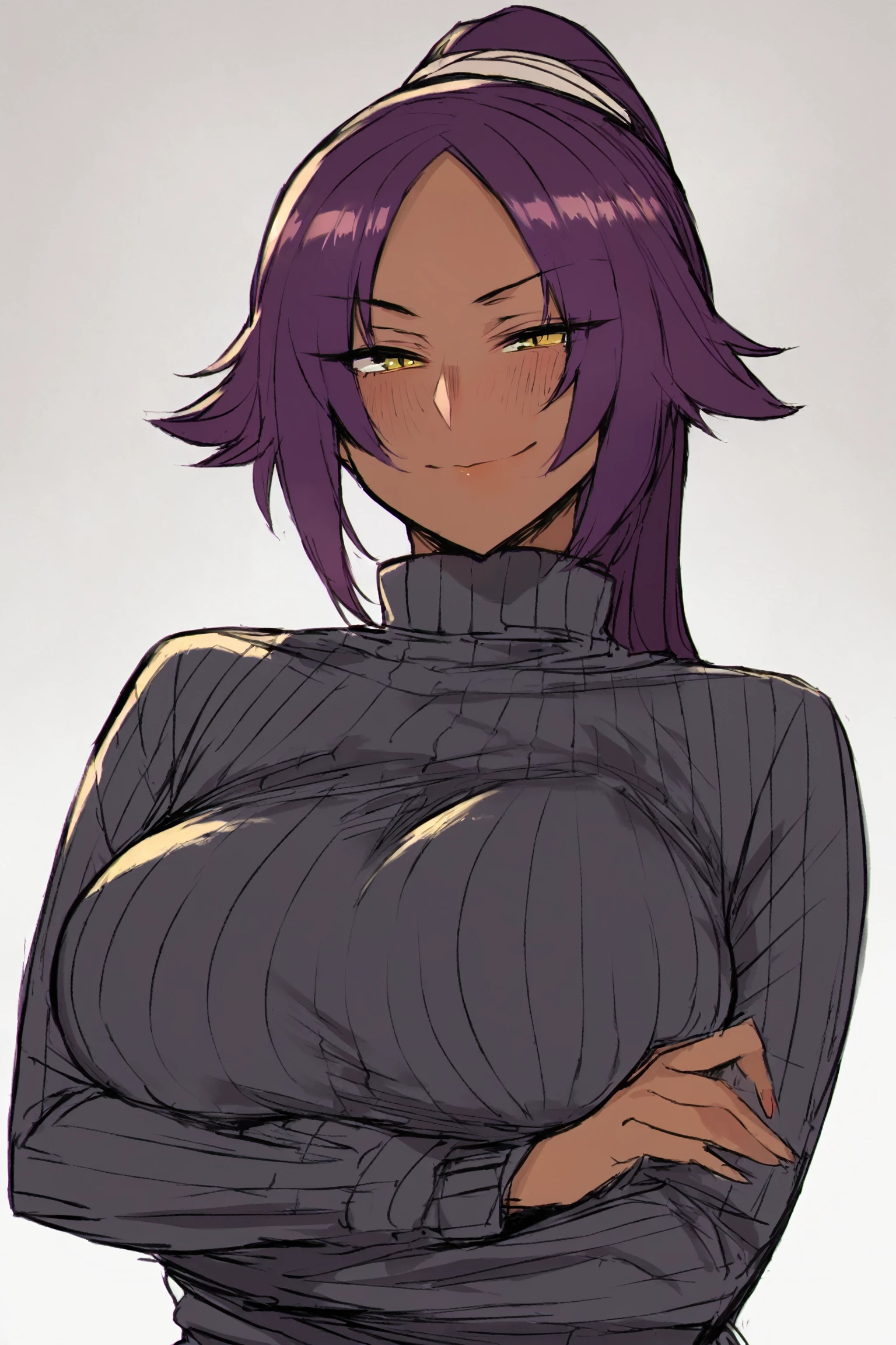 score_9, score_8_up, score_7_up, score_6_up, score_5_up, score_4_up, source_anime, ratatatat74, sketch, (mature female:1.2), 1girl, solo, shihouin yoruichi, dark skin, breasts, dark-skinned female, long hair, crossed arms, looking at viewer, white background, green eyes, simple background, purple hair, black sweater, upper body, smile, long sleeves, large breasts, turtleneck, sweater, yellow eyes, closed mouth, black shirt <lora:Ratpony-000007:1>