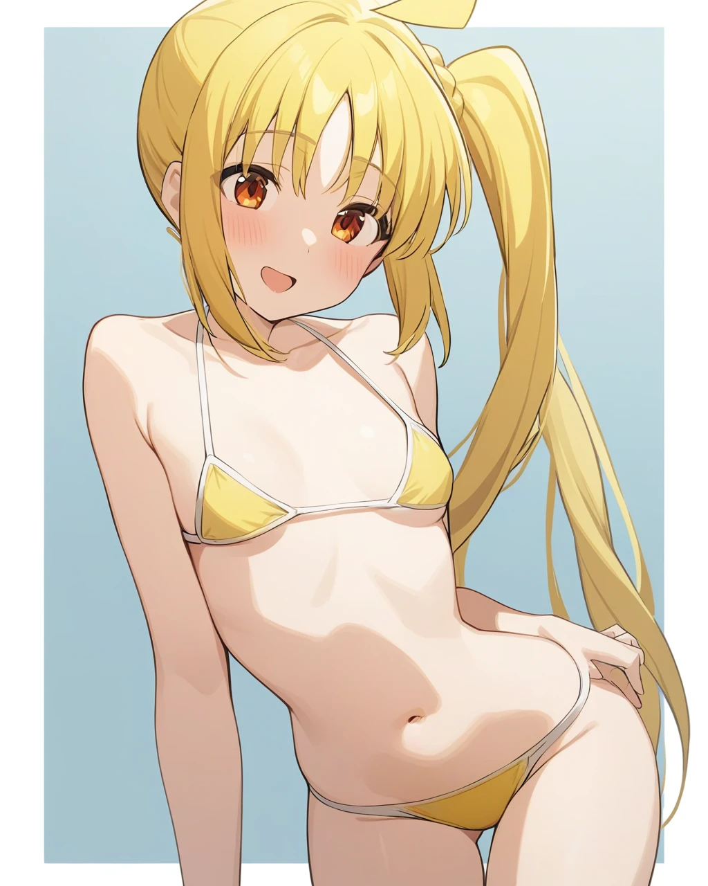 masterpiece,best quality,game cg,<lora:ijichi_nijika:1>,standing, swimsuit, side_ponytail, 1girl, small_breasts, border, navel, breasts, solo, bocchi_the_rock!, yellow_bikini, two-tone_background, yellow_background, white_border, two-tone_bikini, sidelocks, leaning_to_the_side, bikini, ijichi_nijika, ahoge, detached_ahoge, cowboy_shot