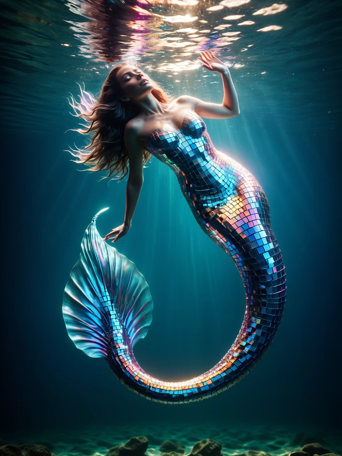 mermaid with tail made of mad-dscbll under water,( colorful light reflections, shine, sparkle:1.4), colorful lightrays shine through the water, night <lora:Disco_Style_SDXL:1.0>, masterpiece, best quality, ultra high res, (photorealistic, realistic:1.2), deep shadow, raw photo, film grain, Fujifilm XT3, 8k uhd, dslr