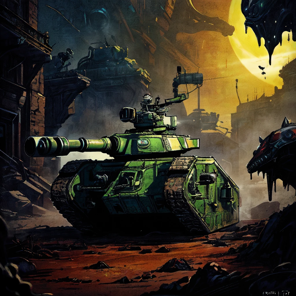 lmnrsstnk, ground vehicle, tank, vehicle focus, pulp_comic, heavy_lines, hand_drawn, hand_inked, hand_colored, toxic, alien_planet, tentacles, gas_bags, slime_pools, alien_monsters, spines, spikes, goo,