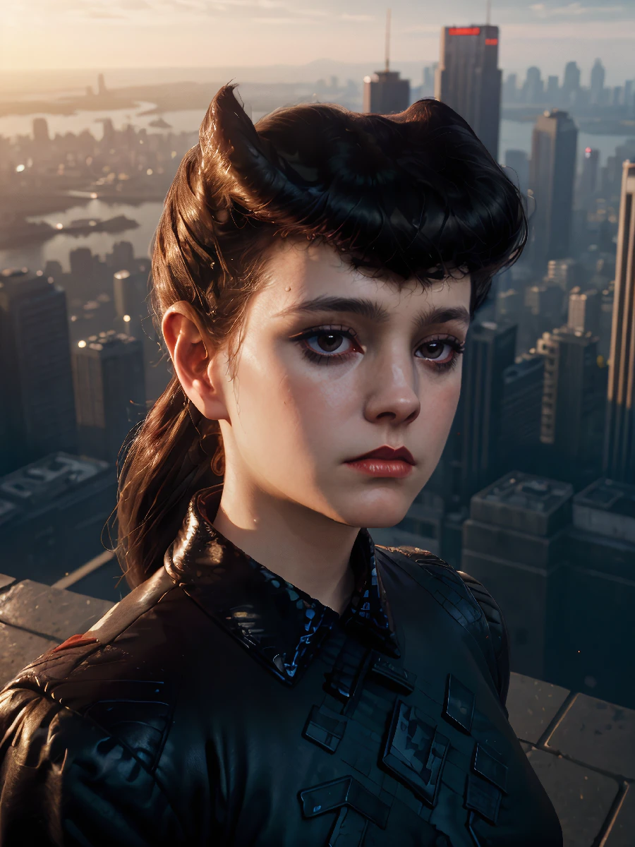 rchbld,rchbld hair, (top angled shot:1.3),(black jacket),long skirt,sunrise,cyberpunk city street,volumetric lighting,masterpiece,extremely detailed skin,pores,cinematic