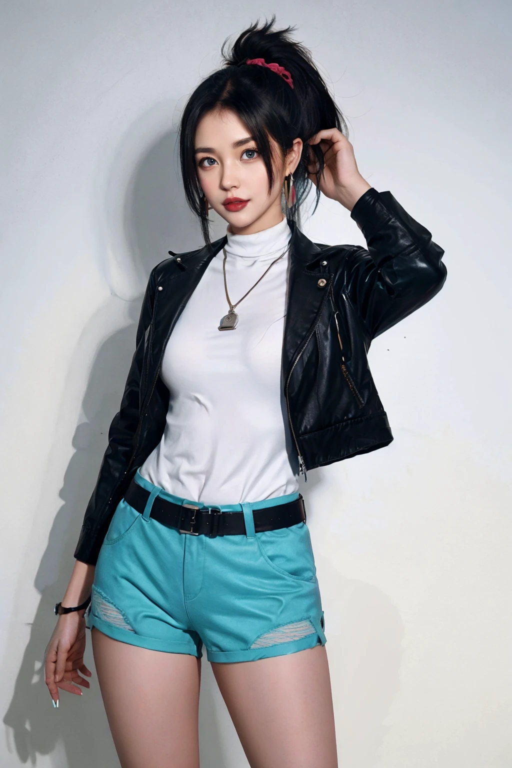 colorful, hezi, cosplay costume, beauty, stunning, 1girl, akali, solo, k/da \(league of legends\), multicolored hair, blonde hair, dog tags, jewelry, blue eyes, two-tone hair, nose, makeup, jacket, eyeshadow, earrings, shorts, looking at viewer, black hair, ponytail, lips, belt, necklace, fingernails, breasts, blue hair, cowboy shot, realistic, mascara, hand in pocket, open jacket, gradient, holding, gradient background, backlighting, long hair, open clothes, medium breasts, triangle earrings, thick eyebrows, lipstick, black shorts, turtleneck, scarf, forehead, standing, short shorts, long sleeves, eyeliner, official alternate costume, alternate costume, fashion, watch, casual, mismatched eyebrows, high ponytail, shirt, piercing, sweater, black jacket, hand up
