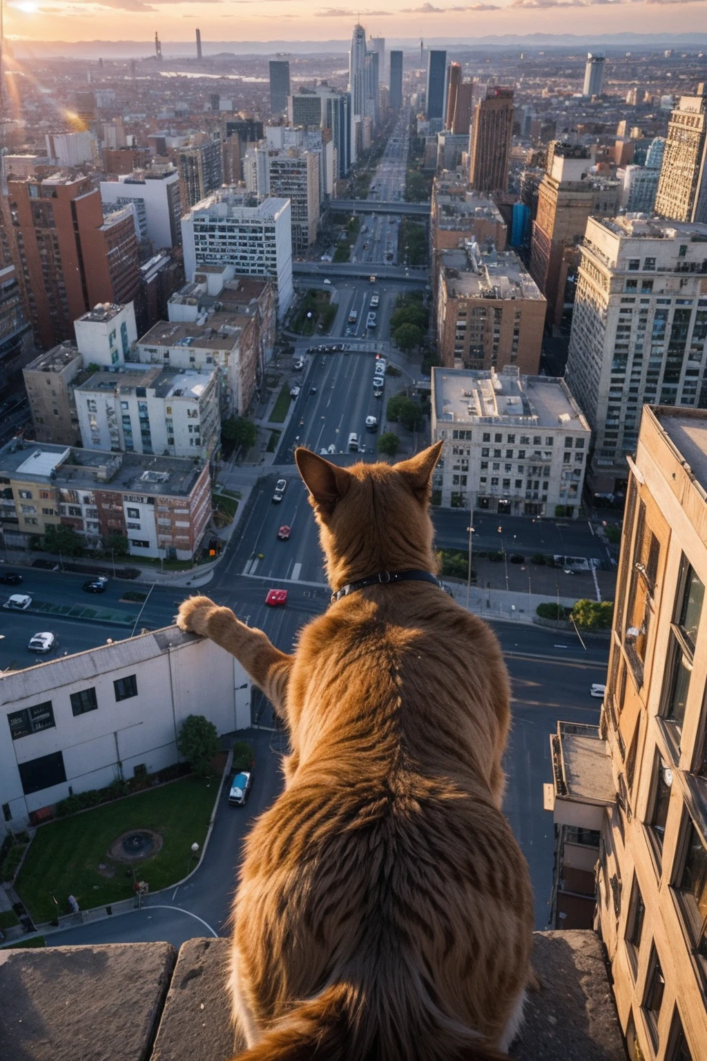 Cat, cityscape, sunset, bird's-eye view.
