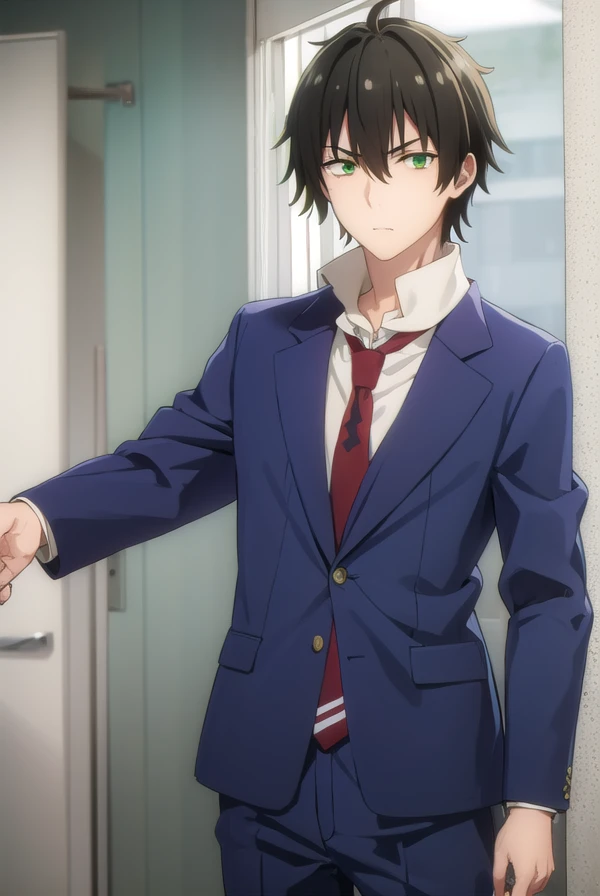 fudounomura, <lora:fudou nomura s1-lora-nochekaiser:1>,
fudou nomura, black hair, male focus, (green eyes:1.3), 
BREAK school uniform, jacket, necktie, pants, blazer, red necktie, shirt, white shirt, collared shirt,
BREAK indoors, classroom,
BREAK looking at viewer, (cowboy shot:1.5),
BREAK <lyco:GoodHands-beta2:1>, (masterpiece:1.2), best quality, high resolution, unity 8k wallpaper, (illustration:0.8), (beautiful detailed eyes:1.6), extremely detailed face, perfect lighting, extremely detailed CG, (perfect hands, perfect anatomy),