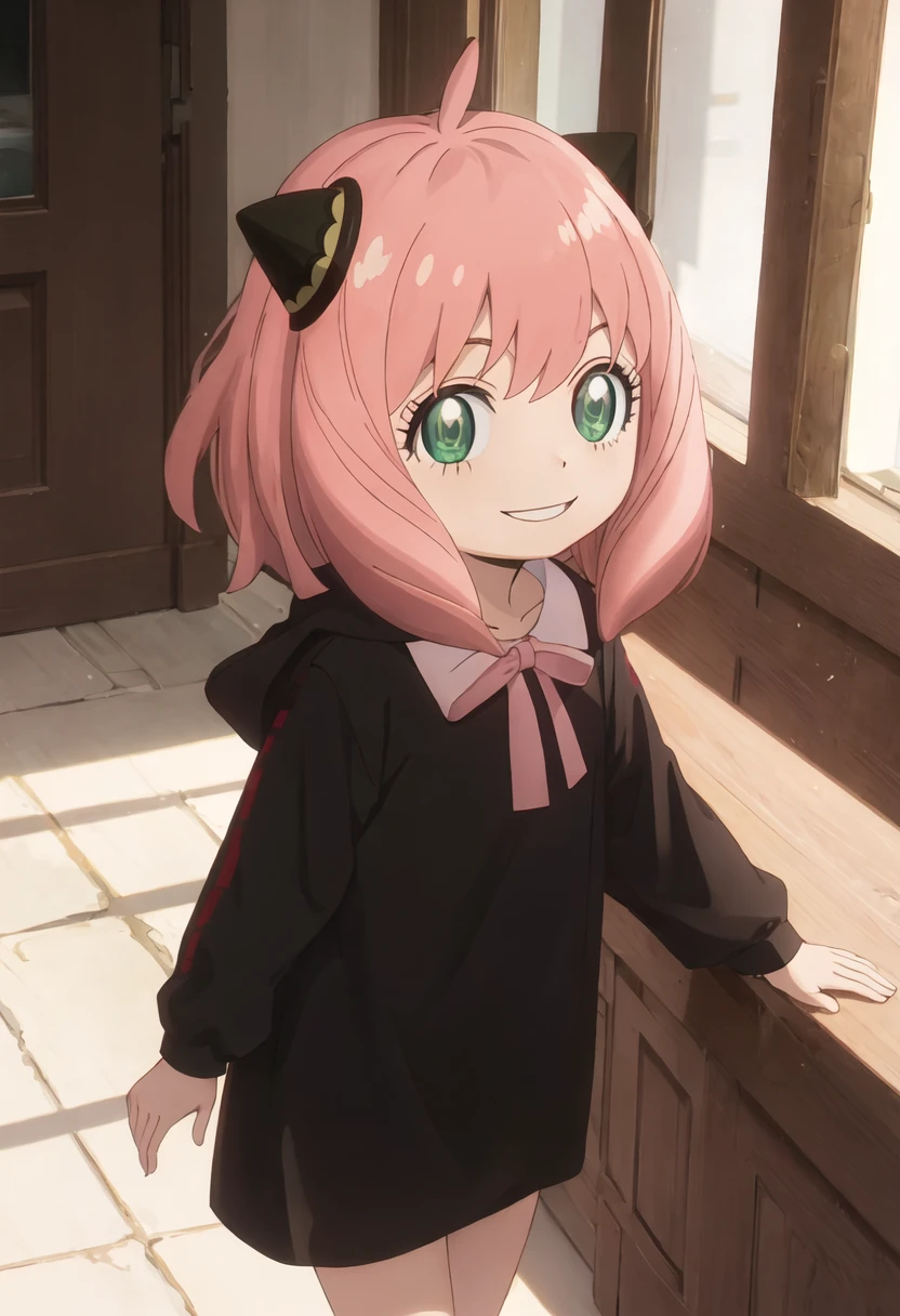 best quality, masterpiece, highres, solo, {anya_forger_spyxfamily:0.90}, 1girl, female_child, black_dress, hairpods, smile, looking_at_viewer, indoors