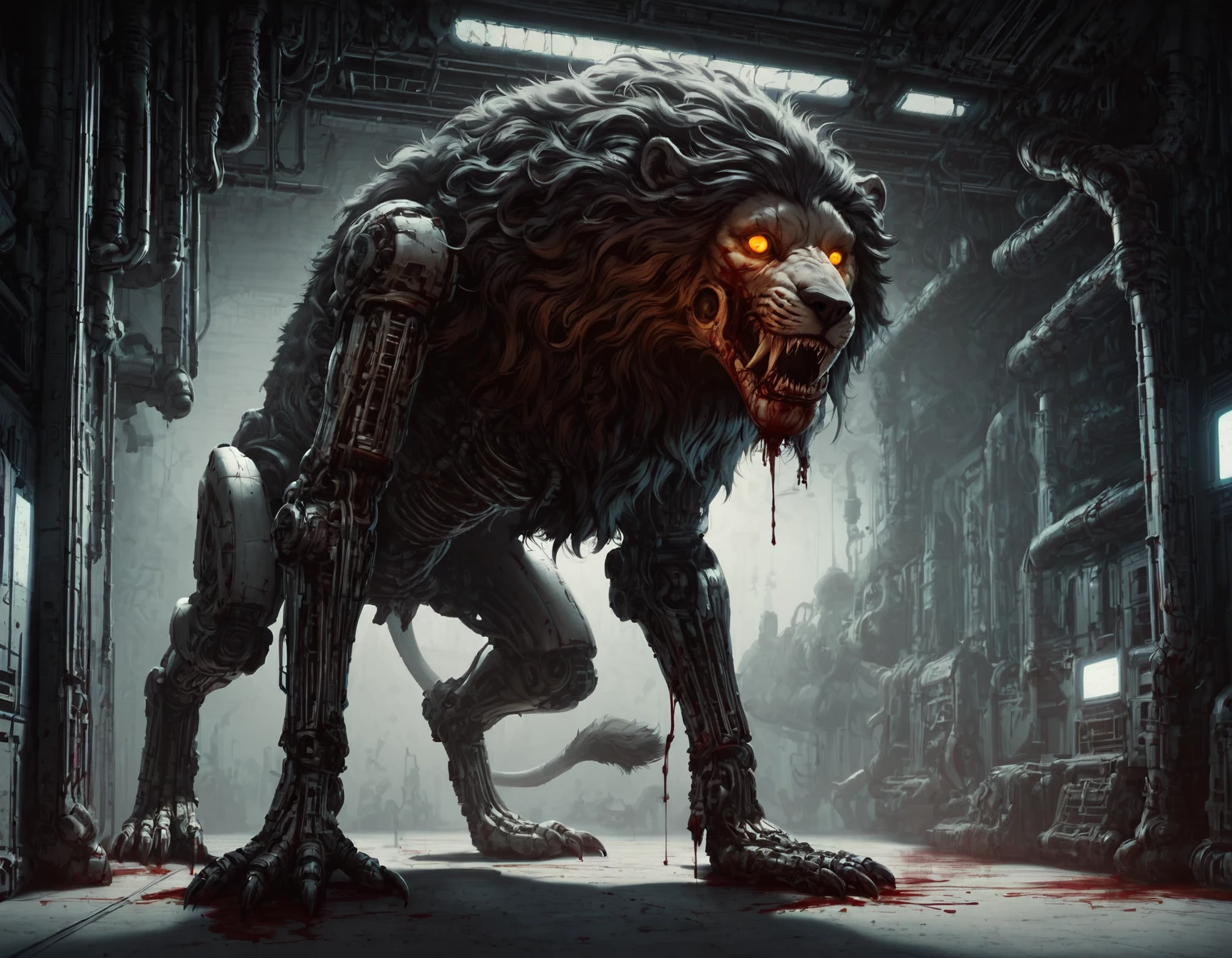 <lora:H.R.GigerWorldPonyXL:1.0> gigerworld, scifi, quadruped, robot lion, fangs, mane made from wires and metal strands, sharp metal claws, blood splatter, orange glowing eyes, blood, gore, horror, inside space station, space station background, score_9, score_8_up, score_7_up, score_6_up, score_5_up, score_4_up, robotic joints, robotic parts, mechanization, gloomy, mist, volumetric lighting, dark, flickering lights, eerie atmosphere,
