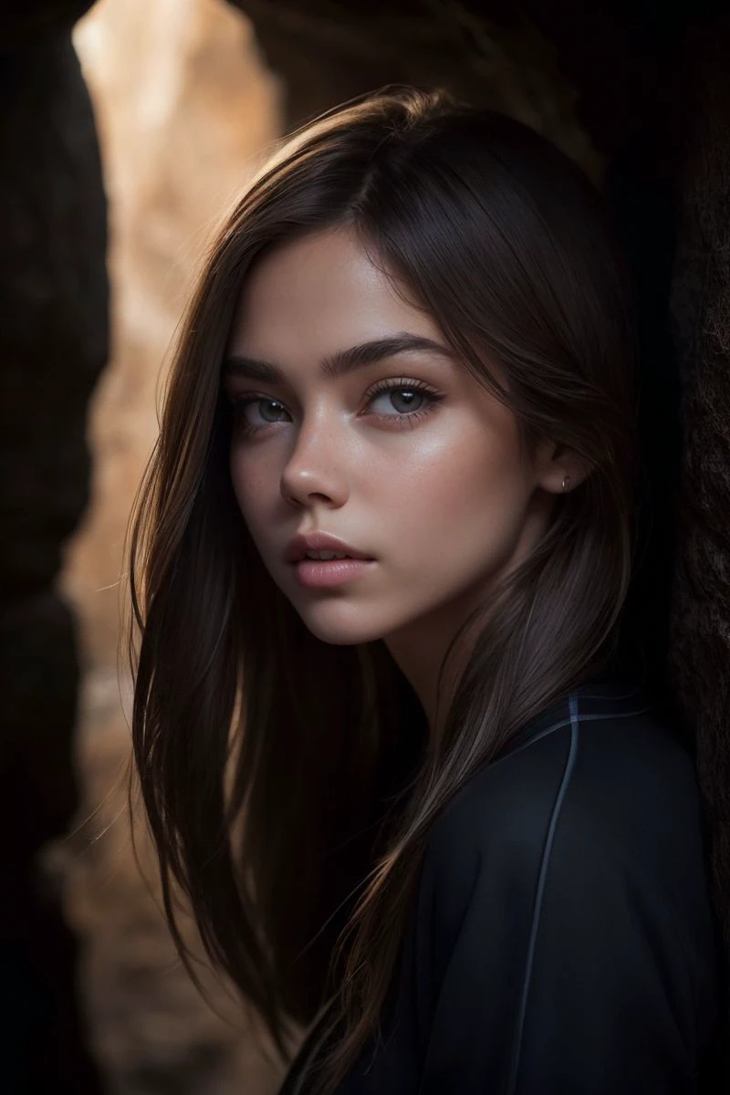 headshot of S329_DaryaYanchik,a gorgeous woman,in a (dark-cave:1.1),wearing a (torned-tracksuit:1.1),(4k, RAW photo, best quality, depth of field, ultra high res:1.1),(absurdres, intricate, photorealistic, masterpiece, ultra-detailed:1.1),