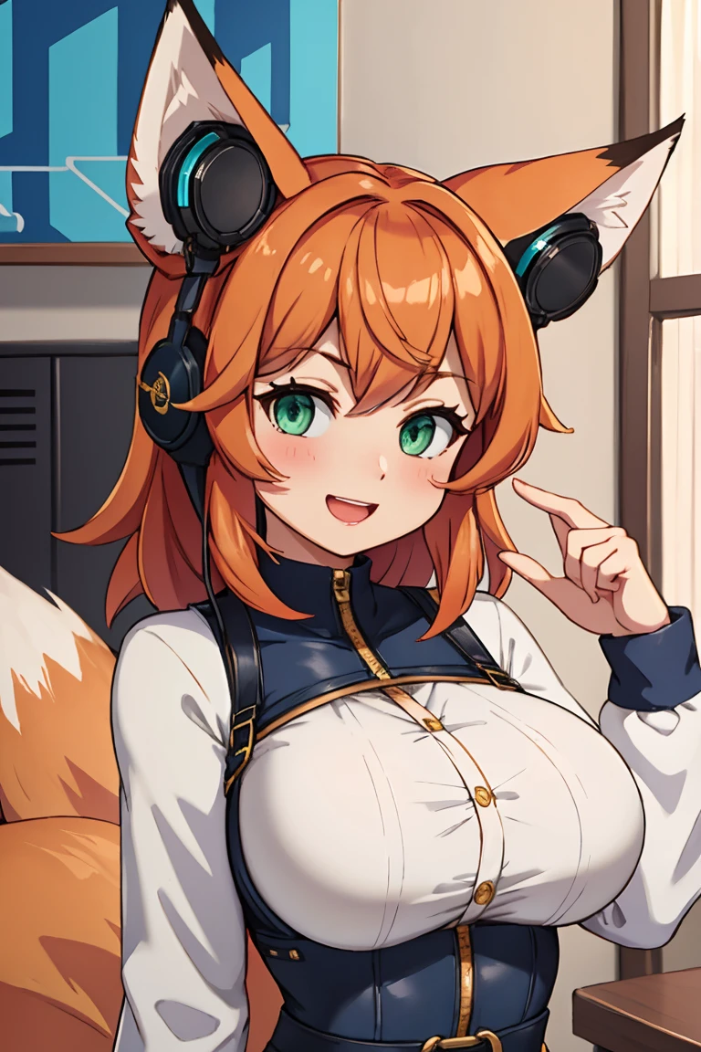 masterpiece, hires,high resolution, best quality, large breasts, mature female, upper body, fox ears, green eyes, orange hair, happy, towards viewer
<lora:Headphones for animal ears:1>headphones-for-animal-ears