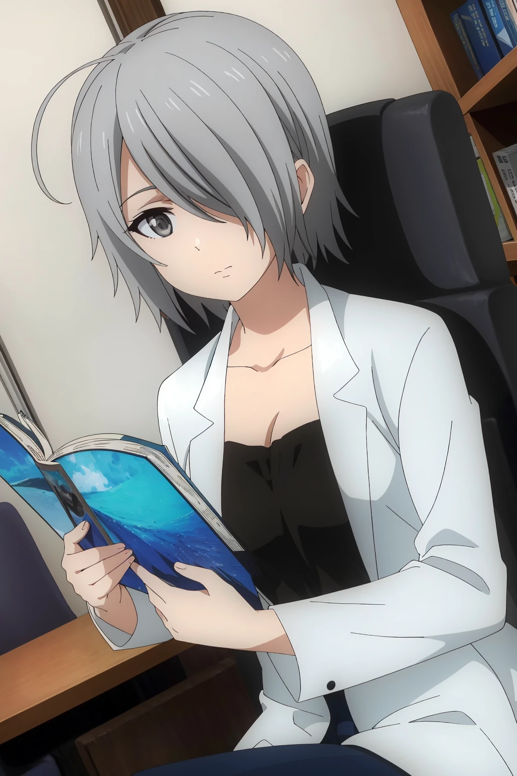 ((best quality)),((highly detailed)),masterpiece,absurdres,detailed face,beautiful face,(detailed eyes, deep eyes),1girl,((dynamic pose)) , <lora:animemix_v3_offset:0.8><lora:ChizuruV1:0.7>Chizuru, hair over one eye, short hair, solo, book, sitting, grey eyes, grey hair, ahoge, indoors, labcoat, holding, chair, pants, breasts, looking at viewer, shirt, collarbone, jacket, expressionless, black shirt, long sleeves, dutch angle, medium breasts, closed mouth