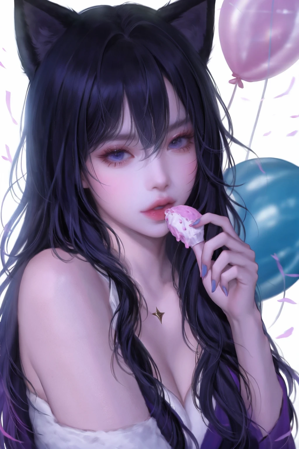 official art,looking at viewer,vivid colours, glossy skin, <lora:linglong>,shiny skin, bangs,cake,ice cream, cat ears, eating,cum,luxray, long hair,dress,balloon, stage,