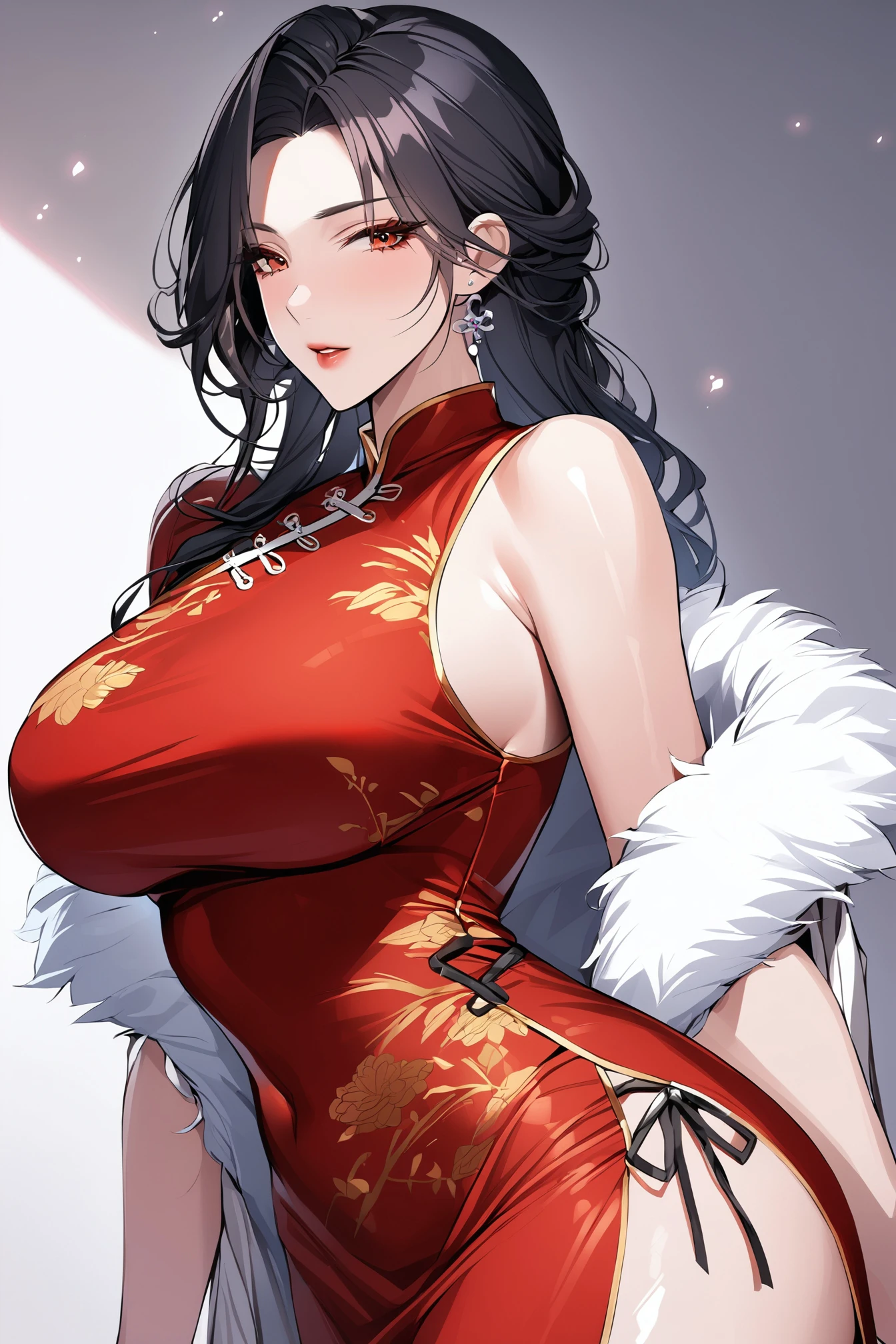 1girl,large breasts,shiny skin,fashi-g,mature female,china dress, red dress,wavy hair,fur trim,black hair,(masterpiece:1.5),(best quality:1.2), <lora:fashigirl-v1-sdxl-lokr-9ep:0.8>